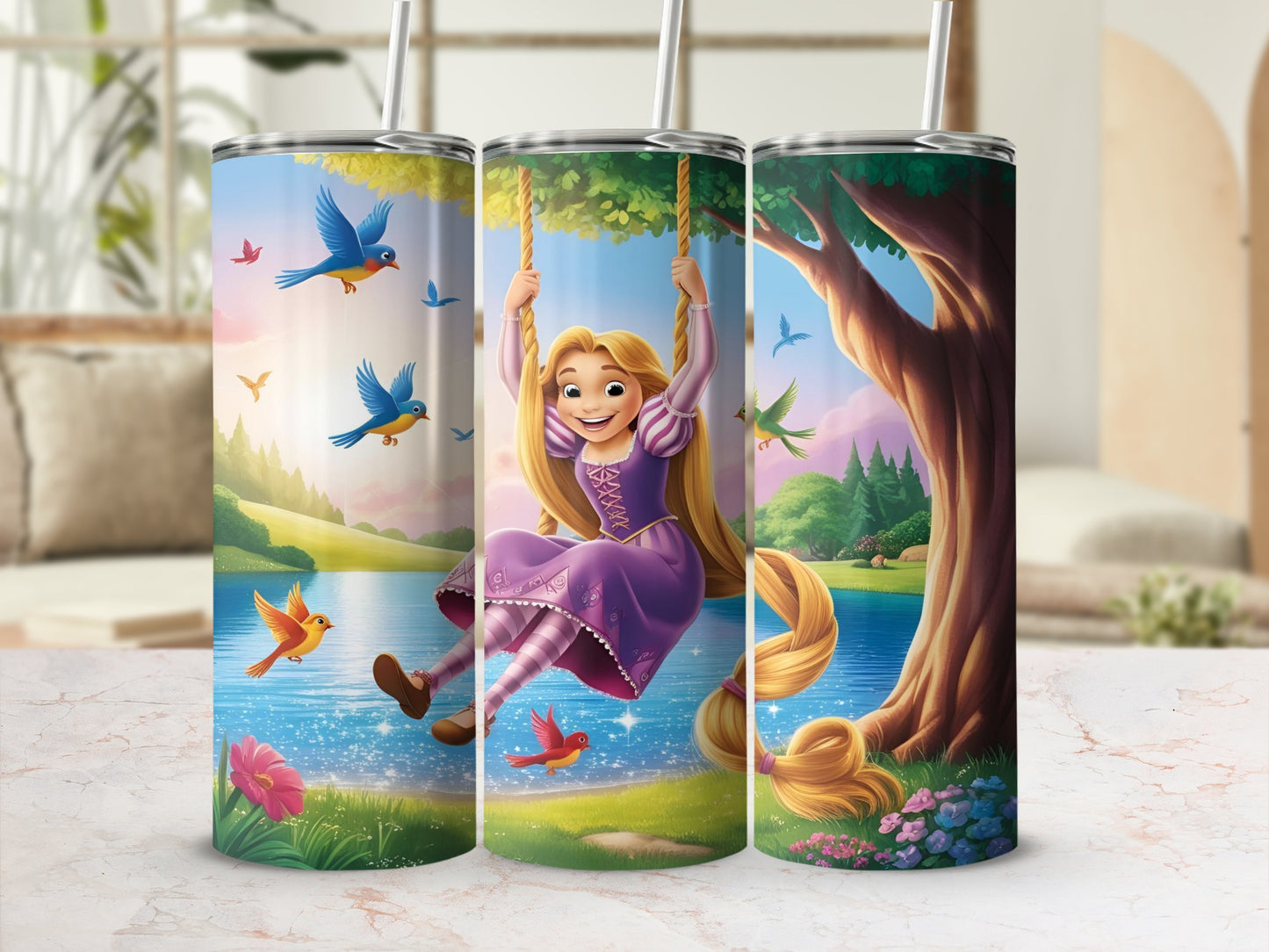 Tangled characters on a swing by a lake with birds and flowers.