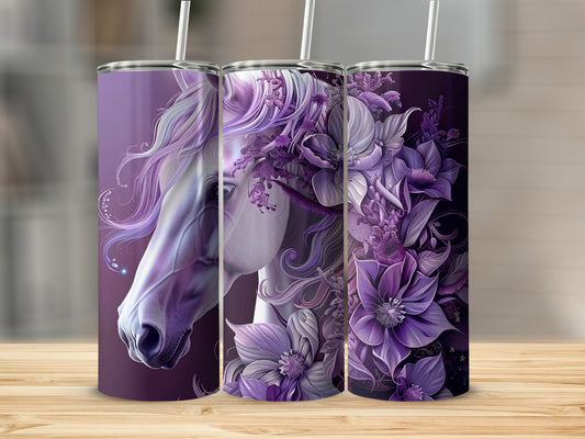 Purple horse head and floral design on three tumblers.
