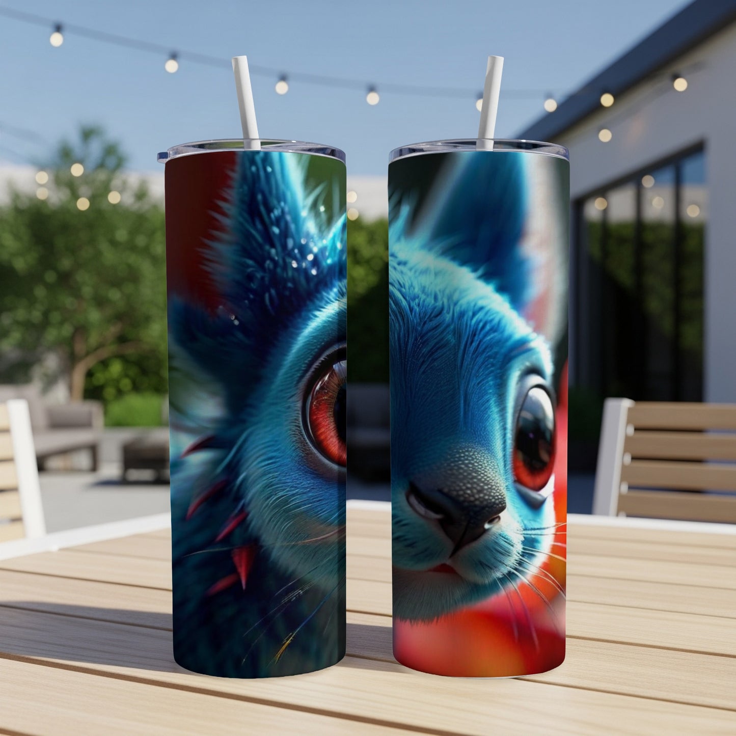 Two tumblers with a close-up digital illustration of a blue, red-eyed creature.