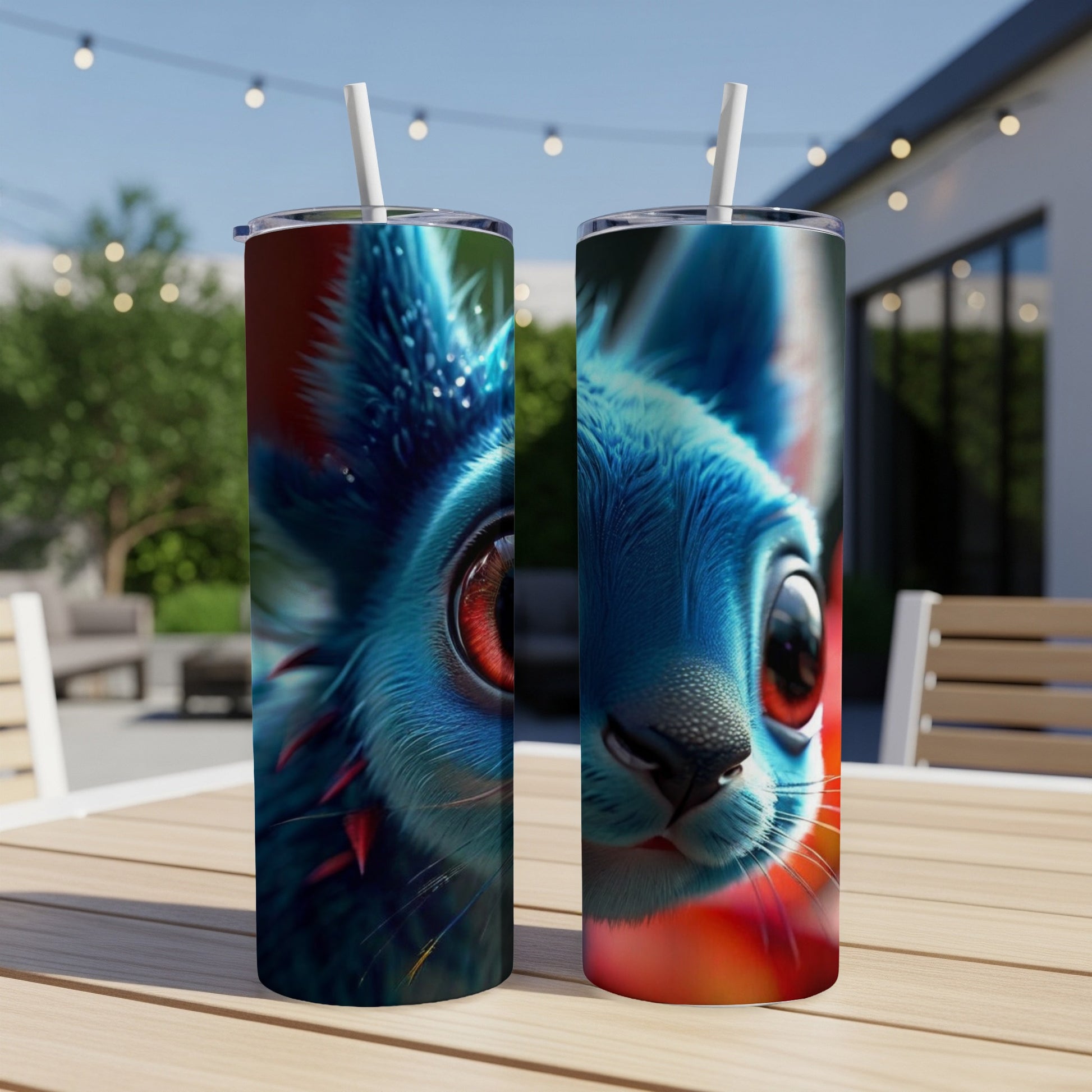 Two tumblers with a close-up digital illustration of a blue, red-eyed creature.