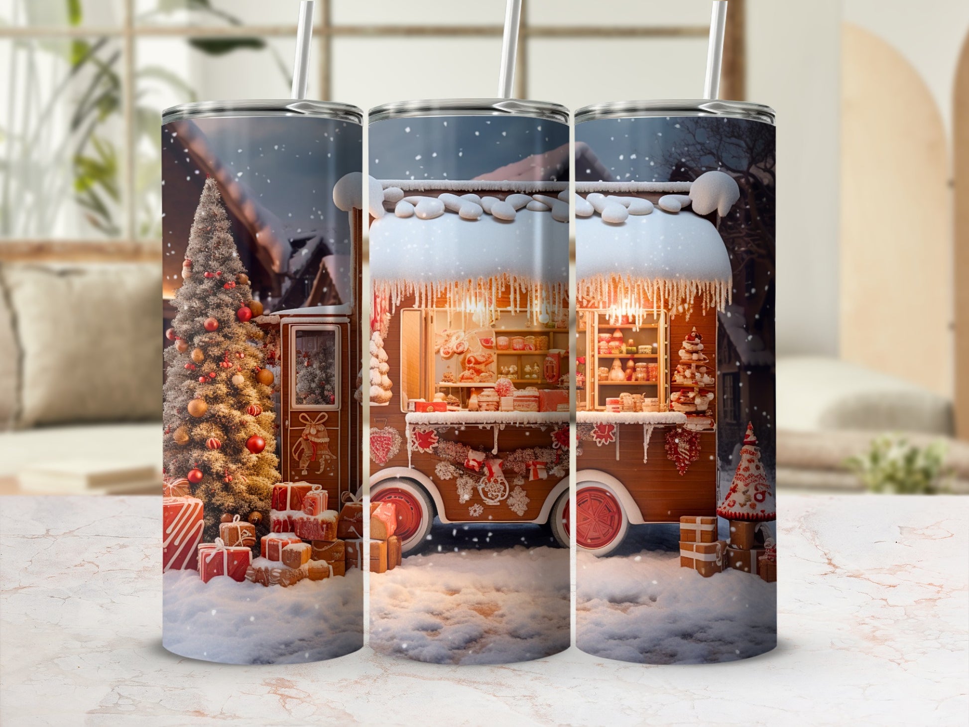 Festive Christmas Market Scene Tumbler with Gifts