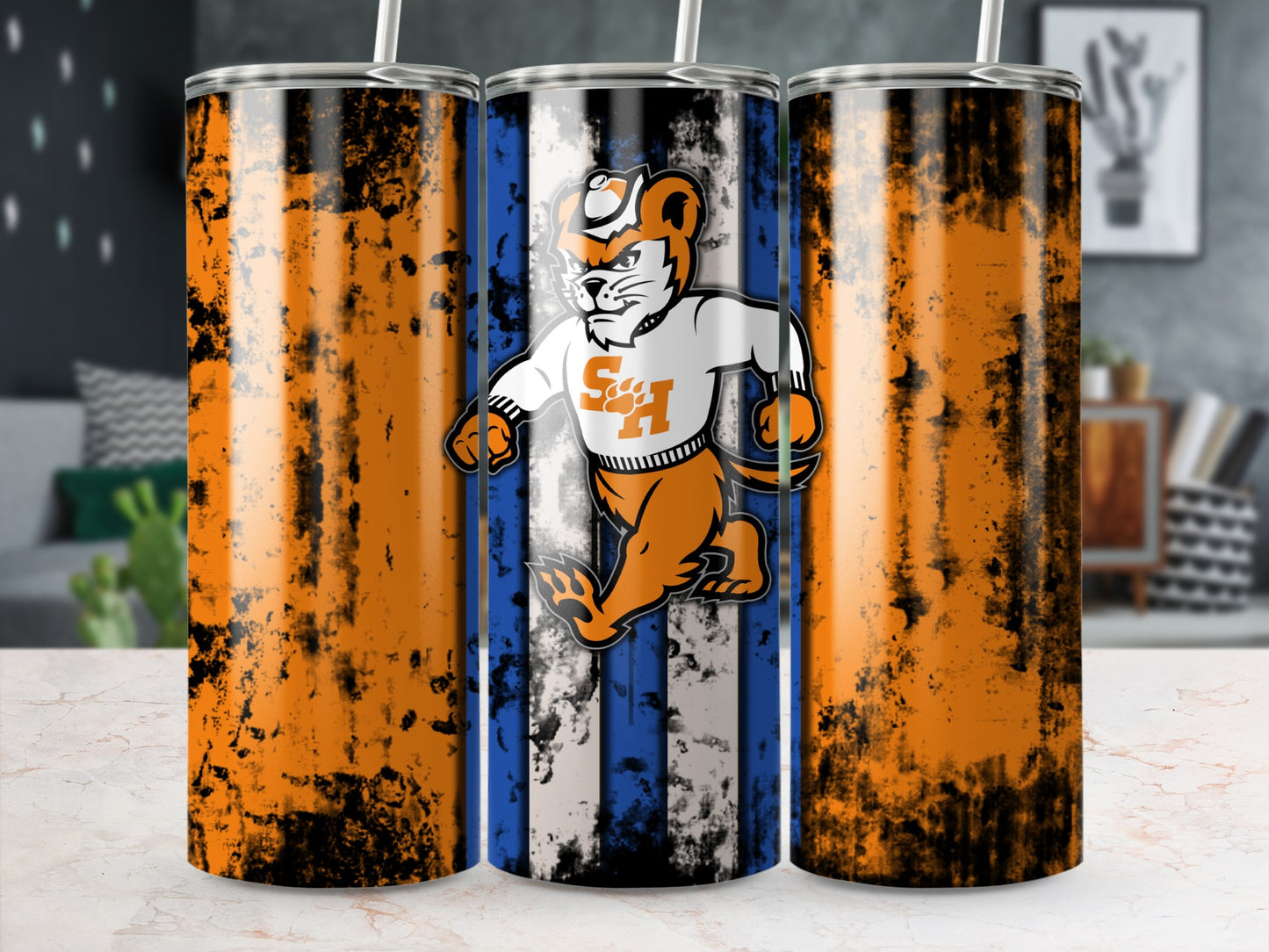 Retro Style Striped Tumbler with Fierce Tiger Design