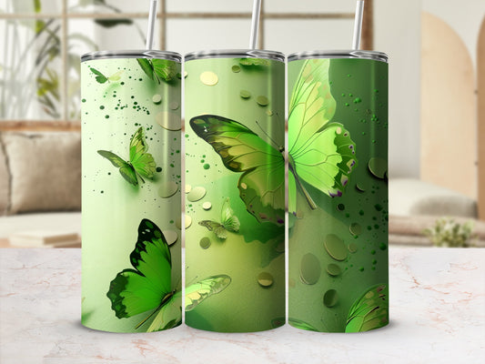 Green butterflies and circles pattern on a tumbler.