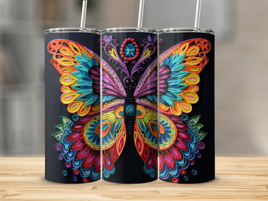 Colorful quilled butterfly design on three black tumblers.