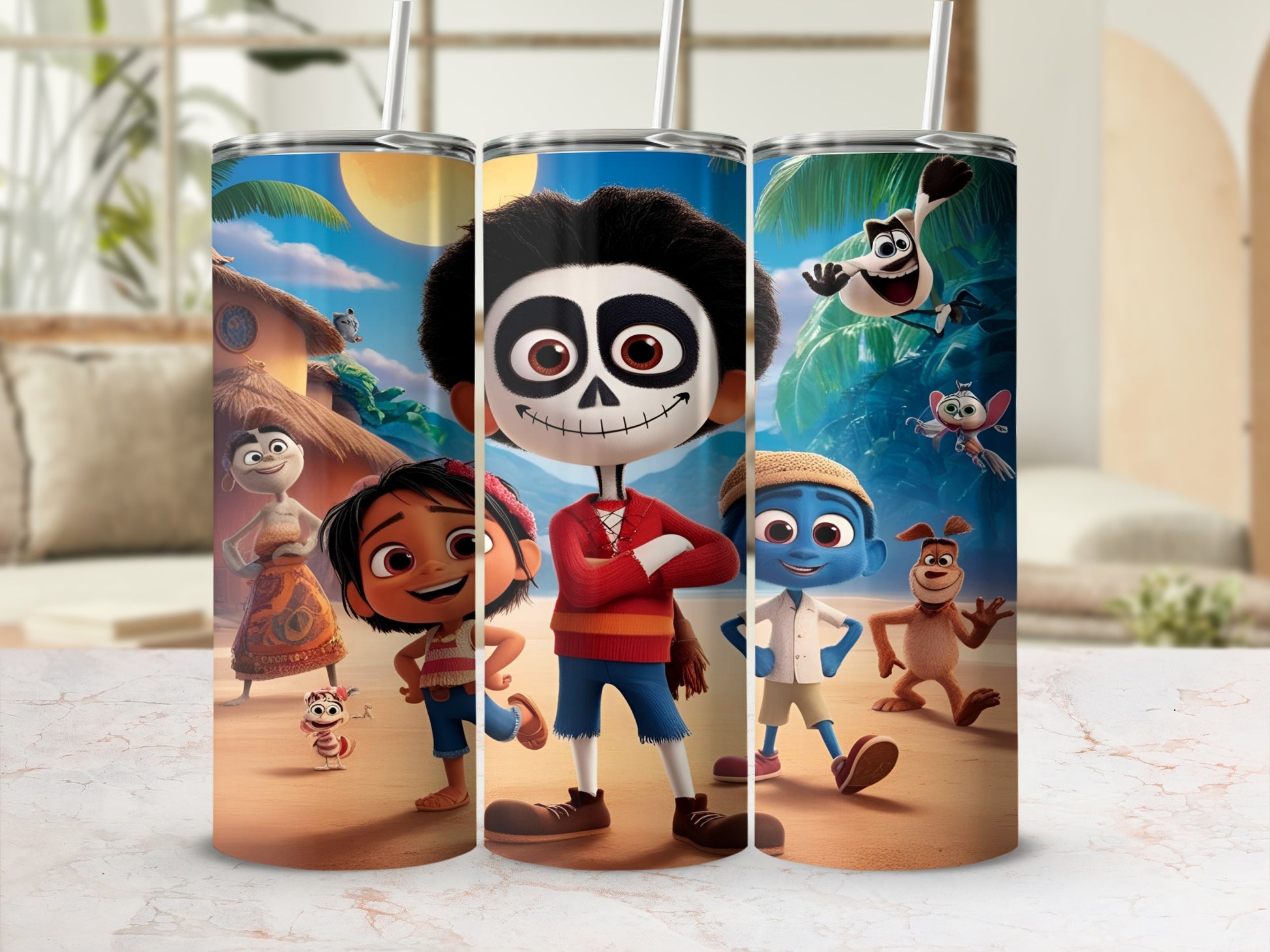 Manolo, Maria, and Xibalba characters from The Book of Life on a tumbler.