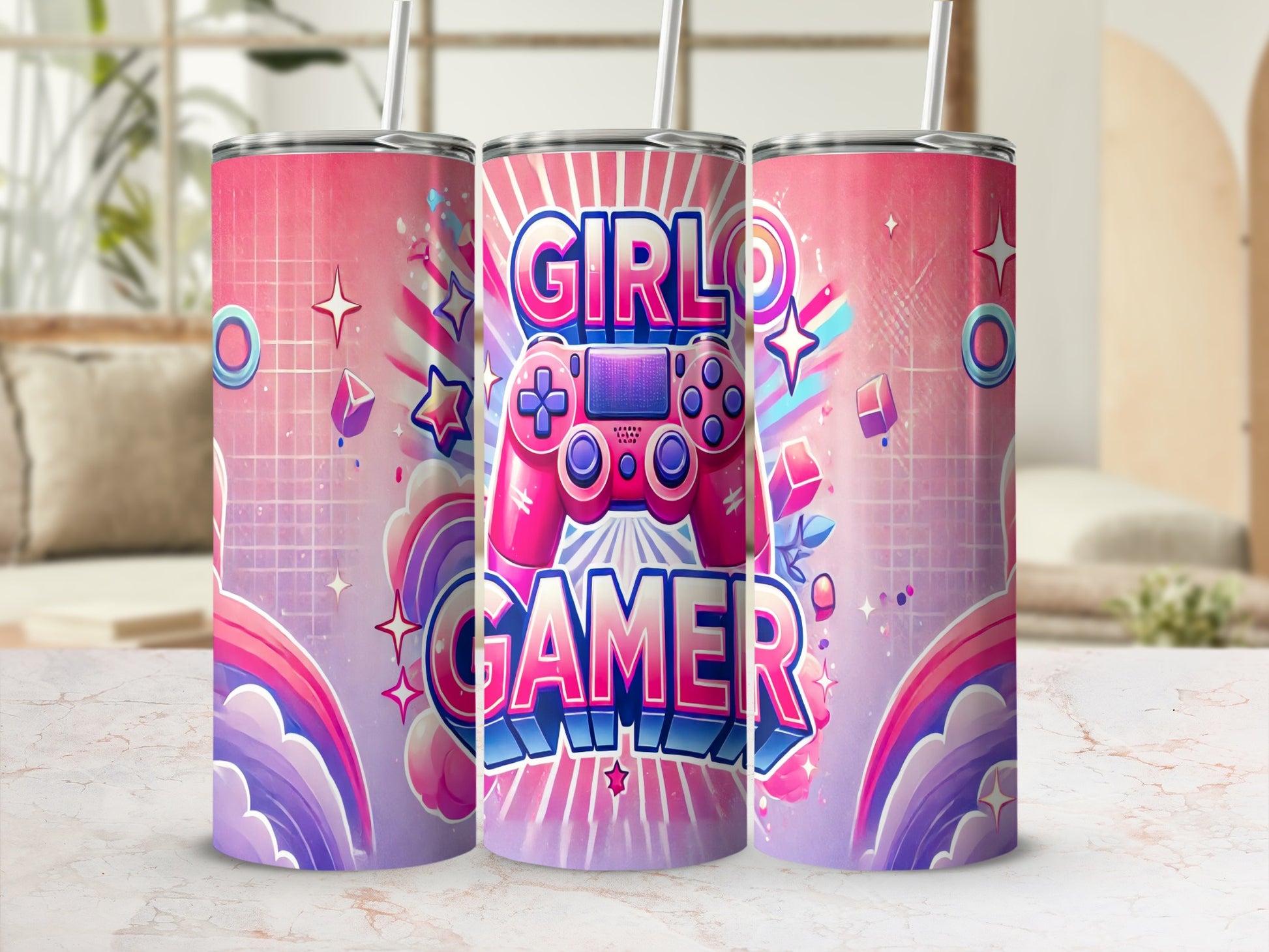 Pink "Girl Gamer" text and controller design on a tall tumbler with rainbow accents.