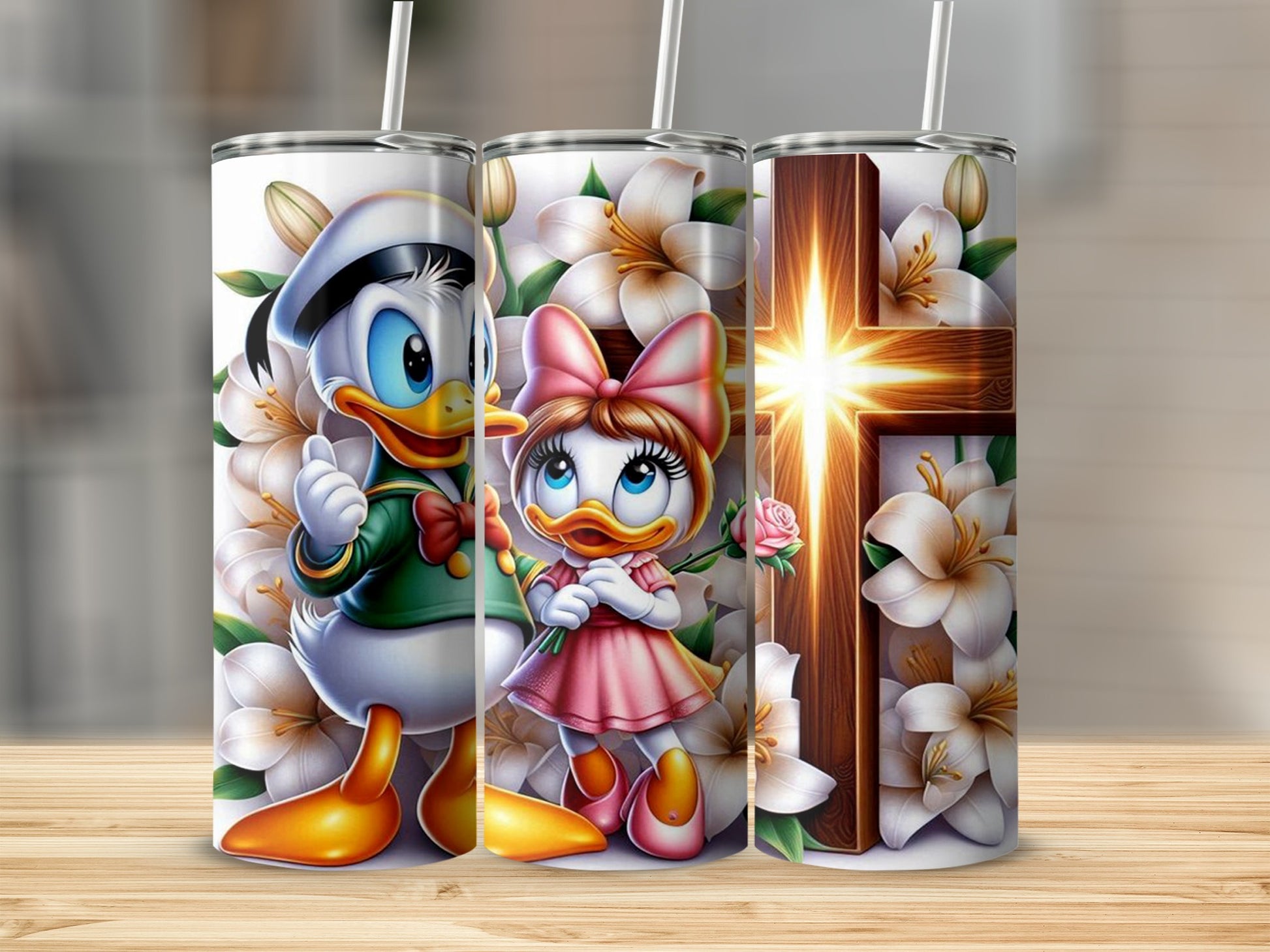 Cute Character and Cross Flower Tumbler with Straw