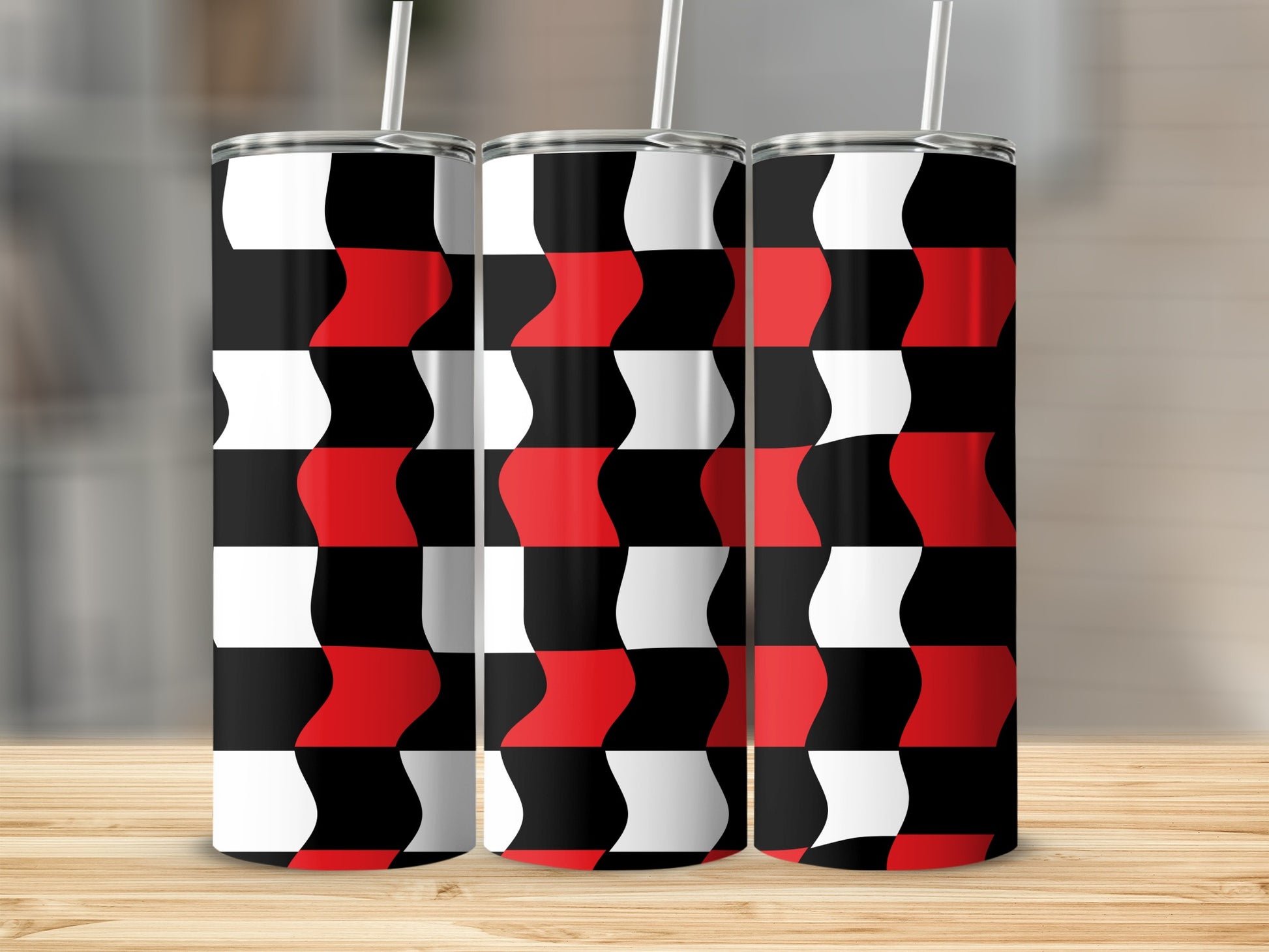 Three tumblers with a black, white, and red checkered wavy pattern.
