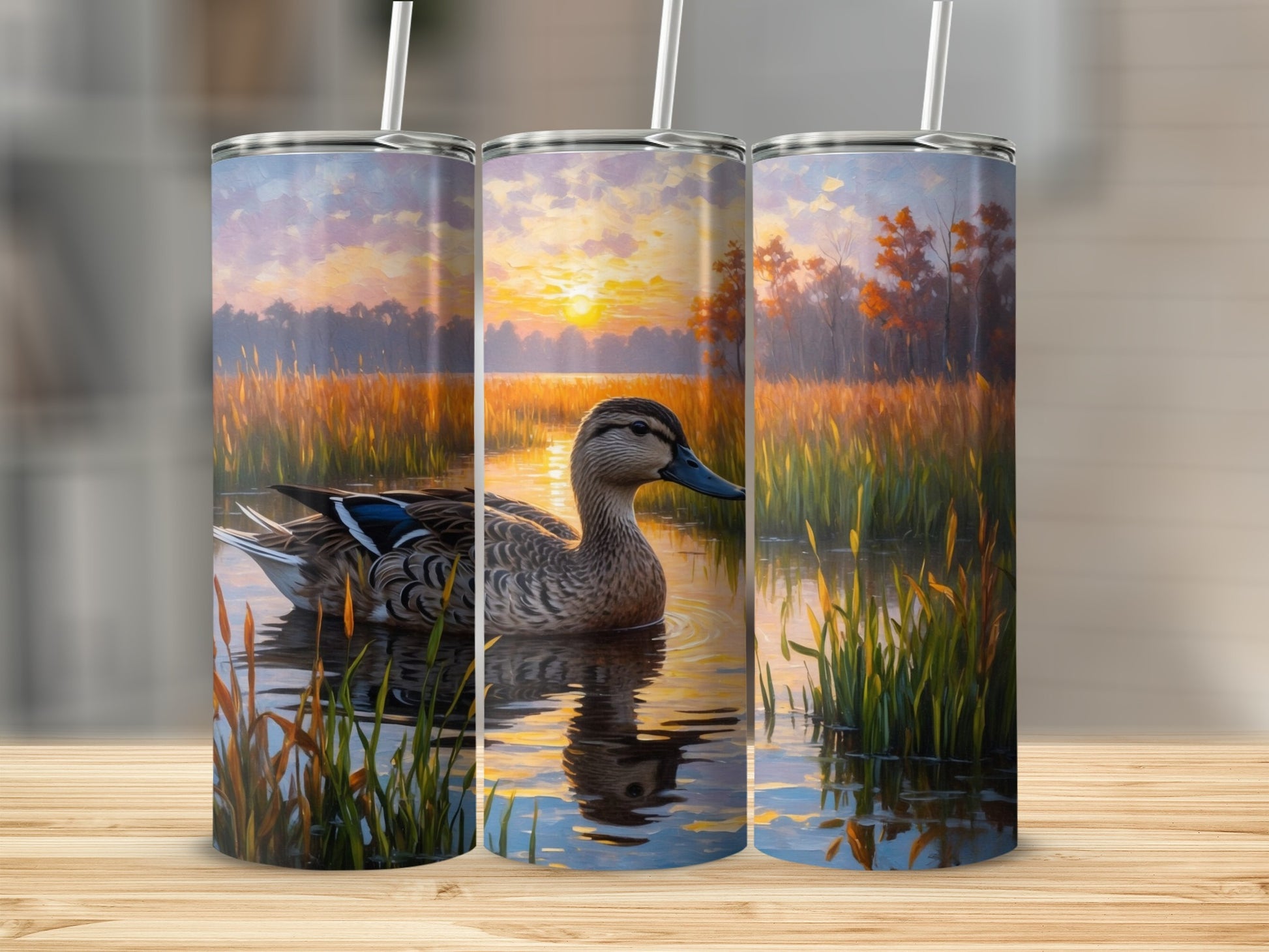 Duck in marsh at sunset, reflected in water.