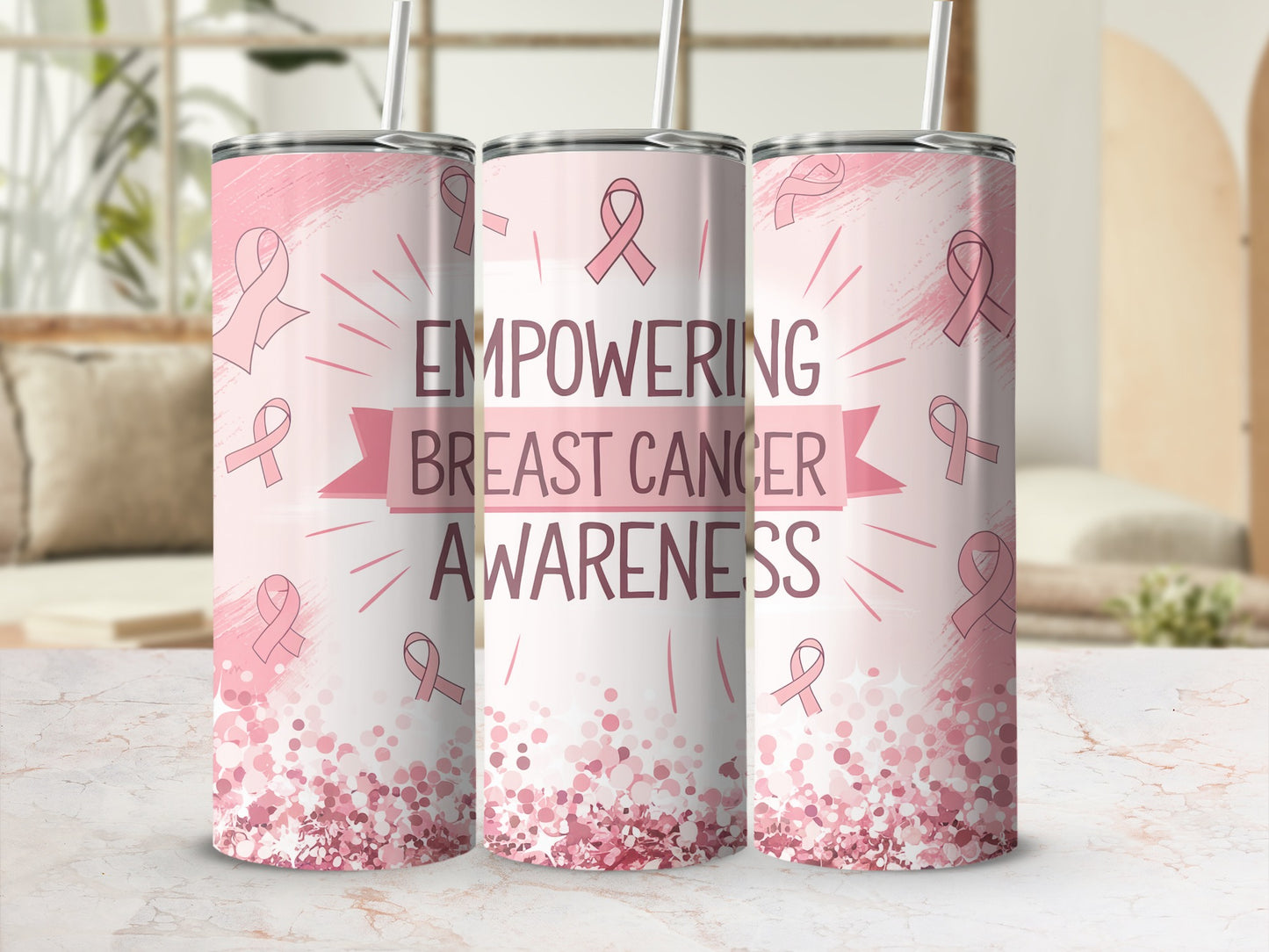 Pink tumbler with "Empowering Breast Cancer Awareness" text and glitter.