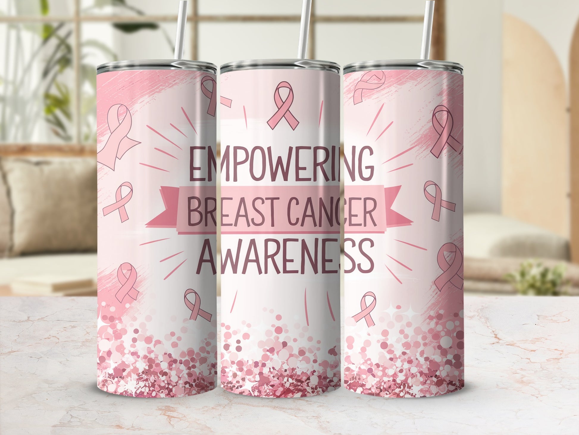 Pink tumbler with "Empowering Breast Cancer Awareness" text and glitter.