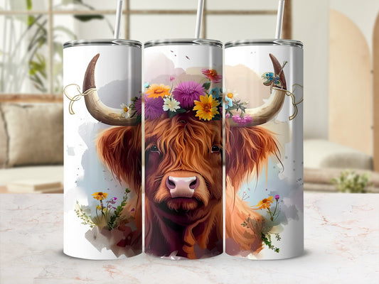 Highland cow wearing a flower crown on a tumbler.