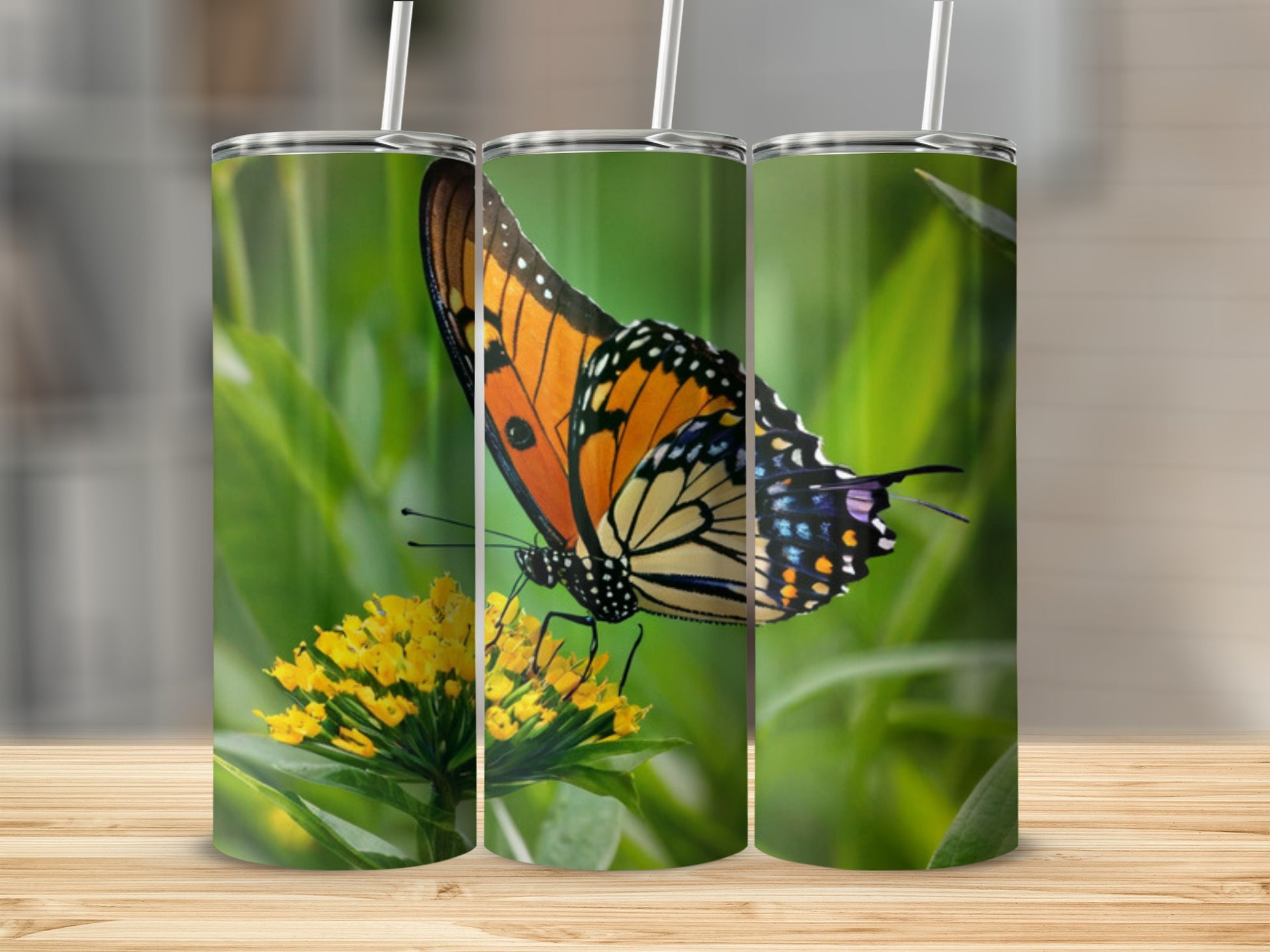 Monarch butterfly on yellow flowers with blurred green background.