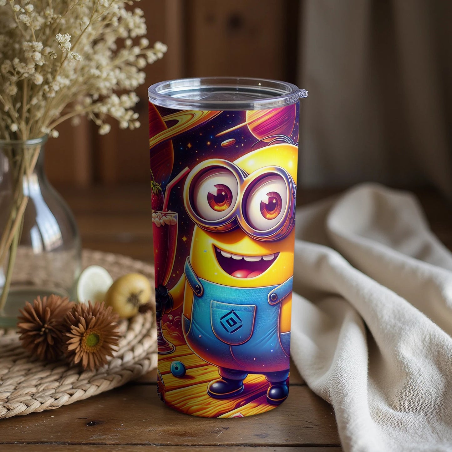 Cute Minion Tumbler with Colorful Space Background