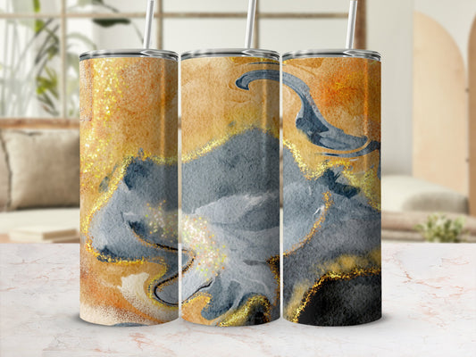 Three tumblers with abstract gold, gray, and black marble design.