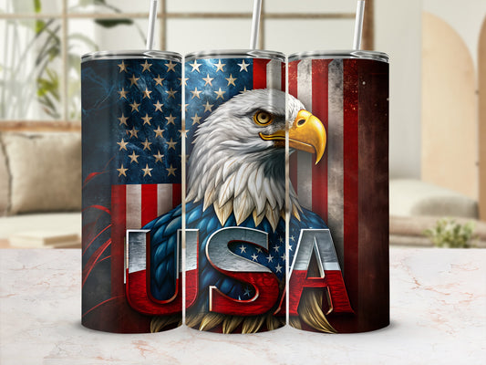 Eagle with American flag and "USA" text on a tumbler.