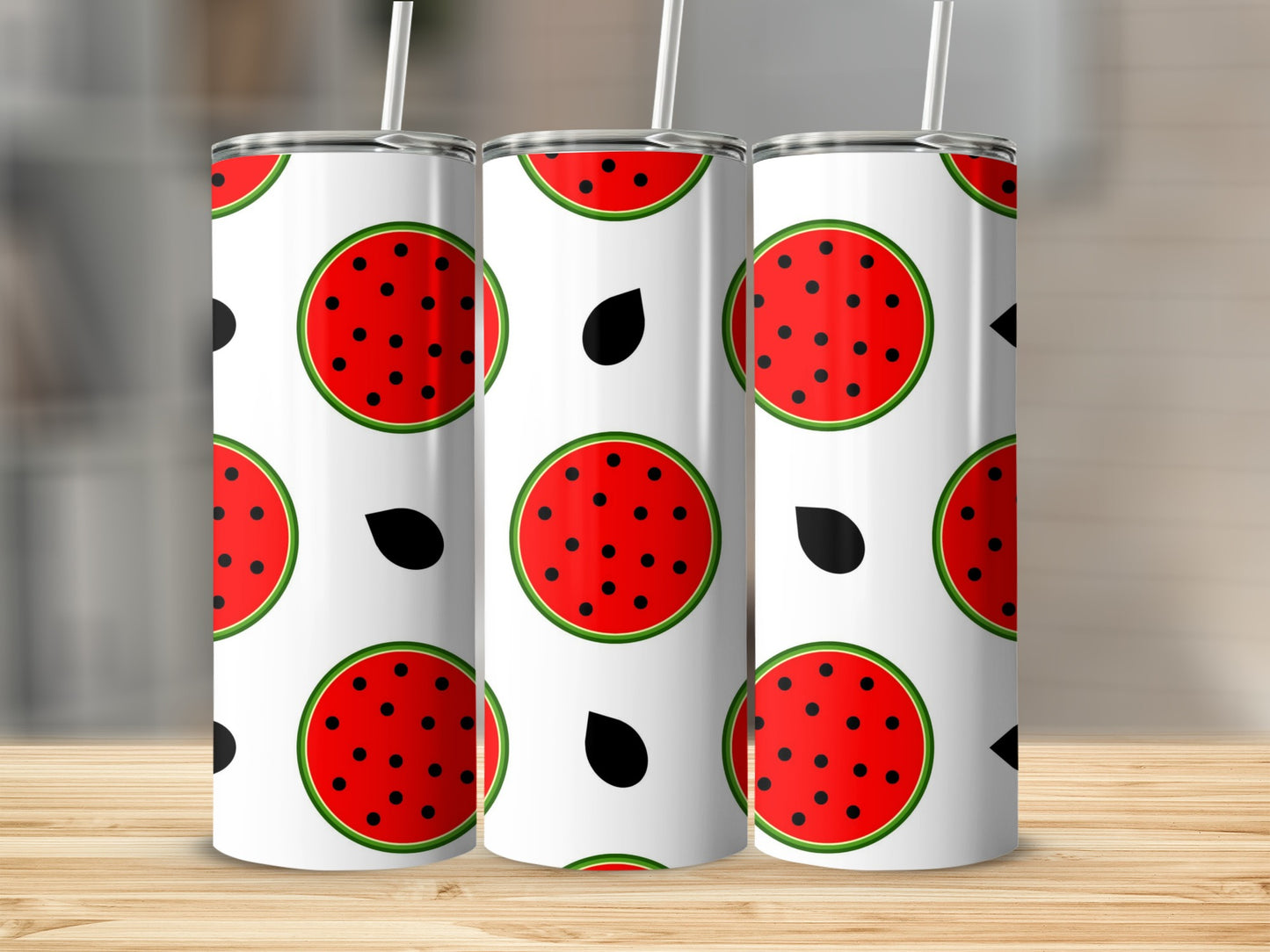 Three tumblers with a repeating watermelon slice pattern on a white background.