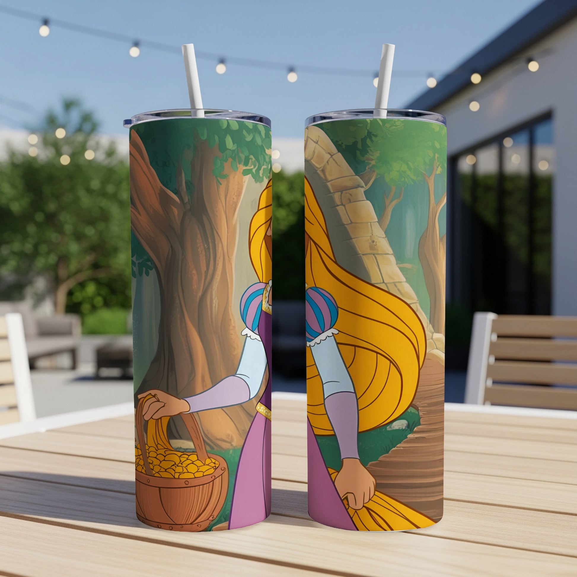 Two identical tumblers with Rapunzel carrying a basket of gold coins.