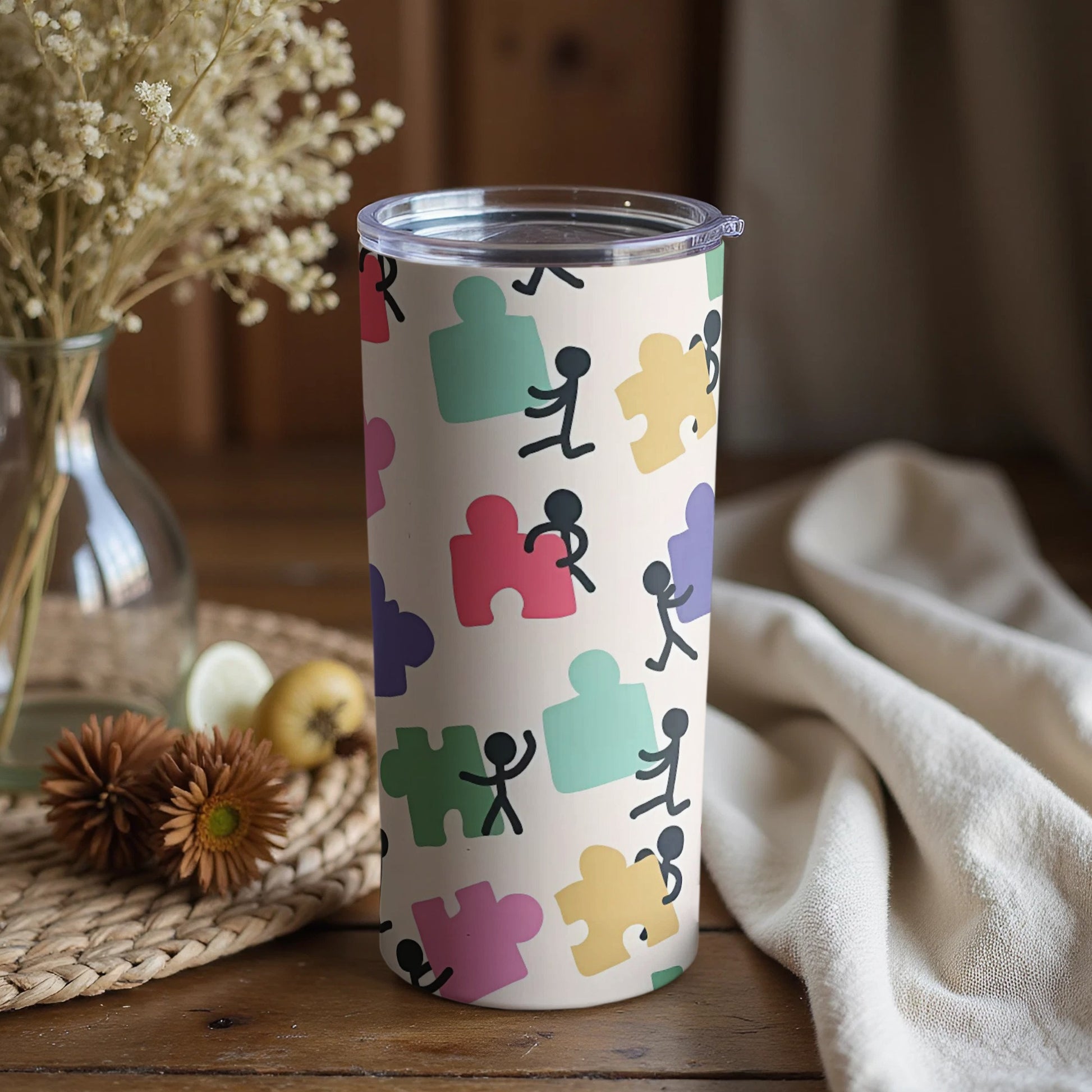 Colorful Puzzle and Stick Figures Design Tumbler