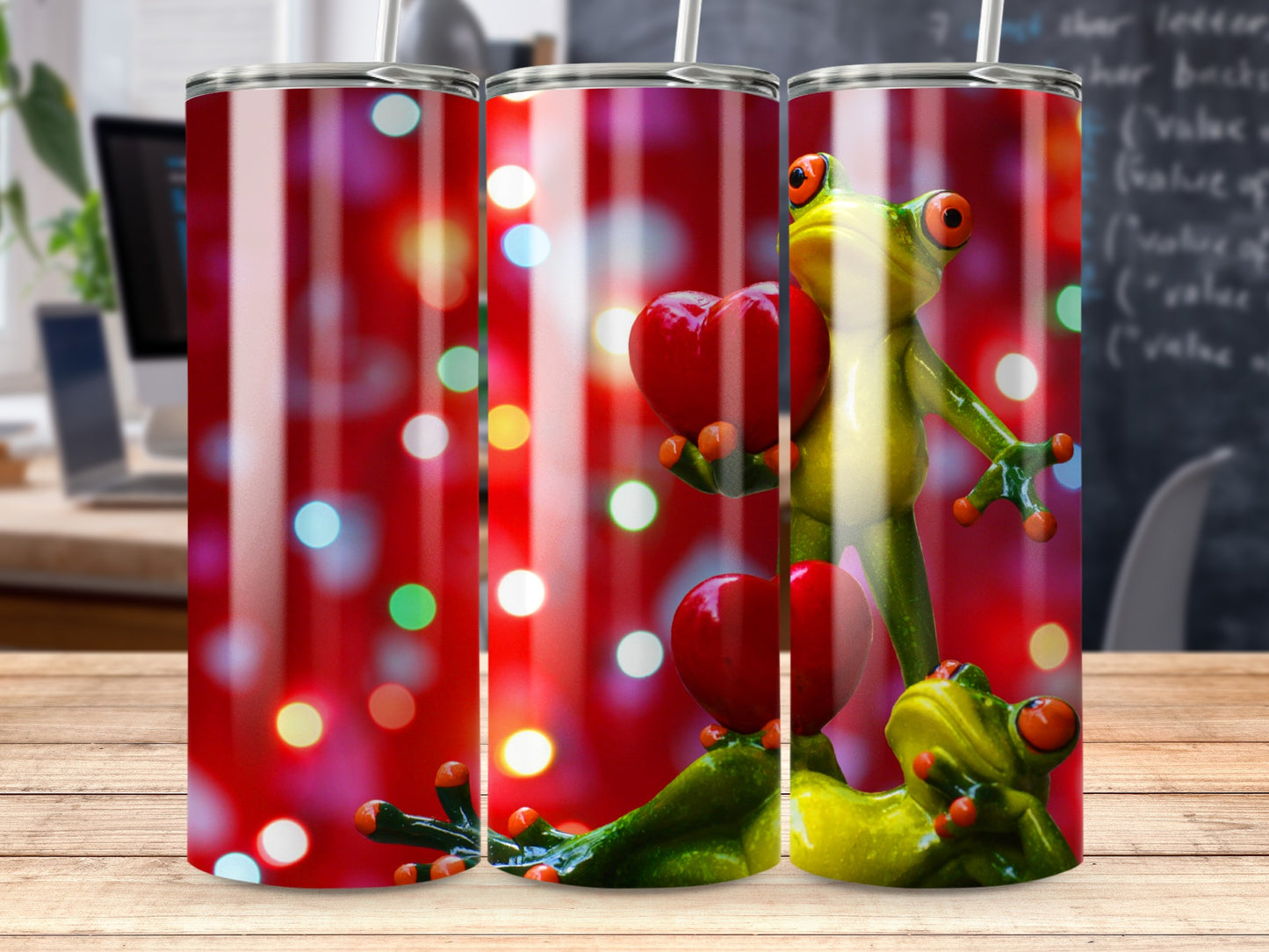 Adorable green frogs red hearts bokeh lights tumbler