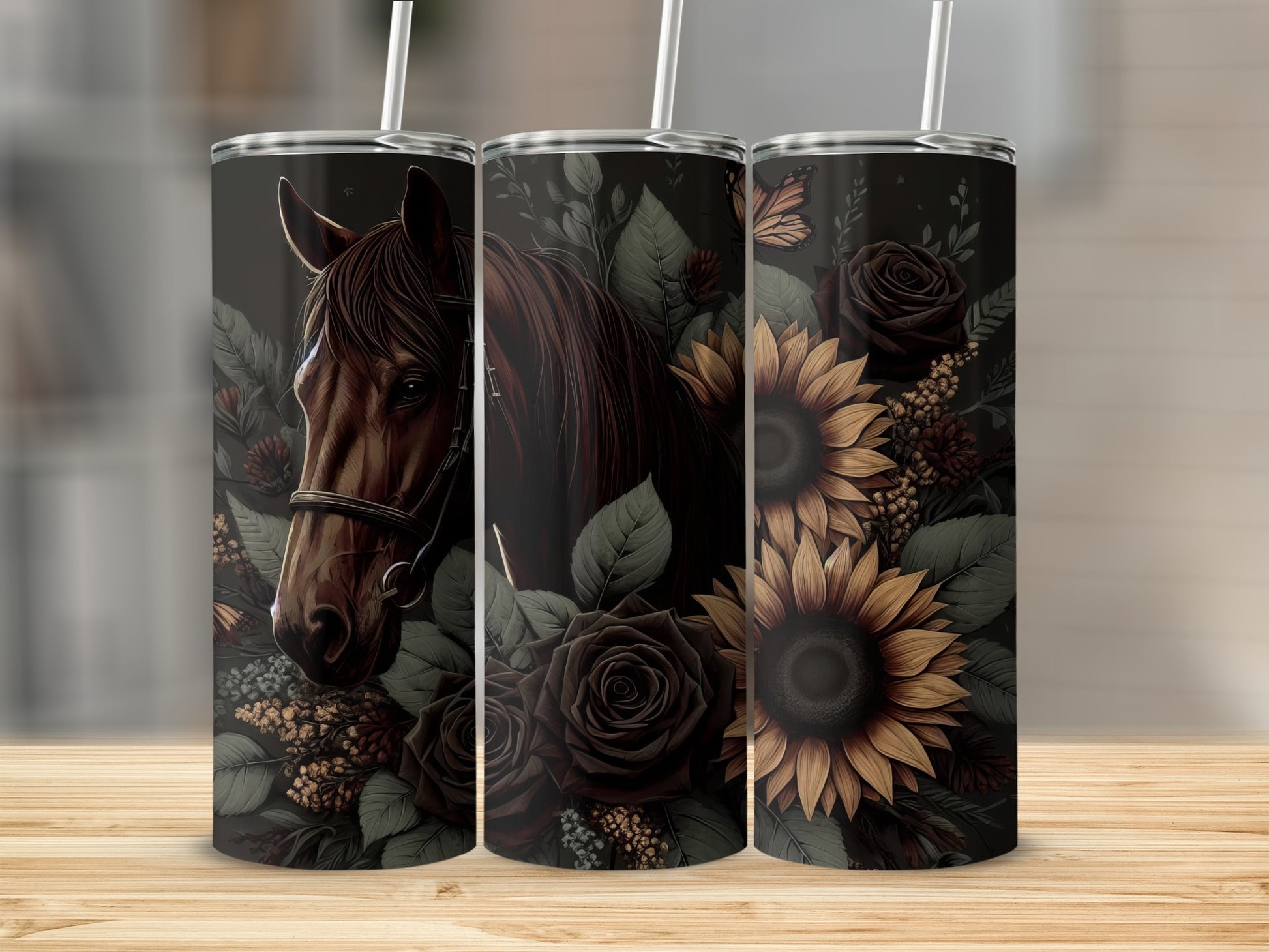 Brown horse with sunflowers and roses on a dark floral background.