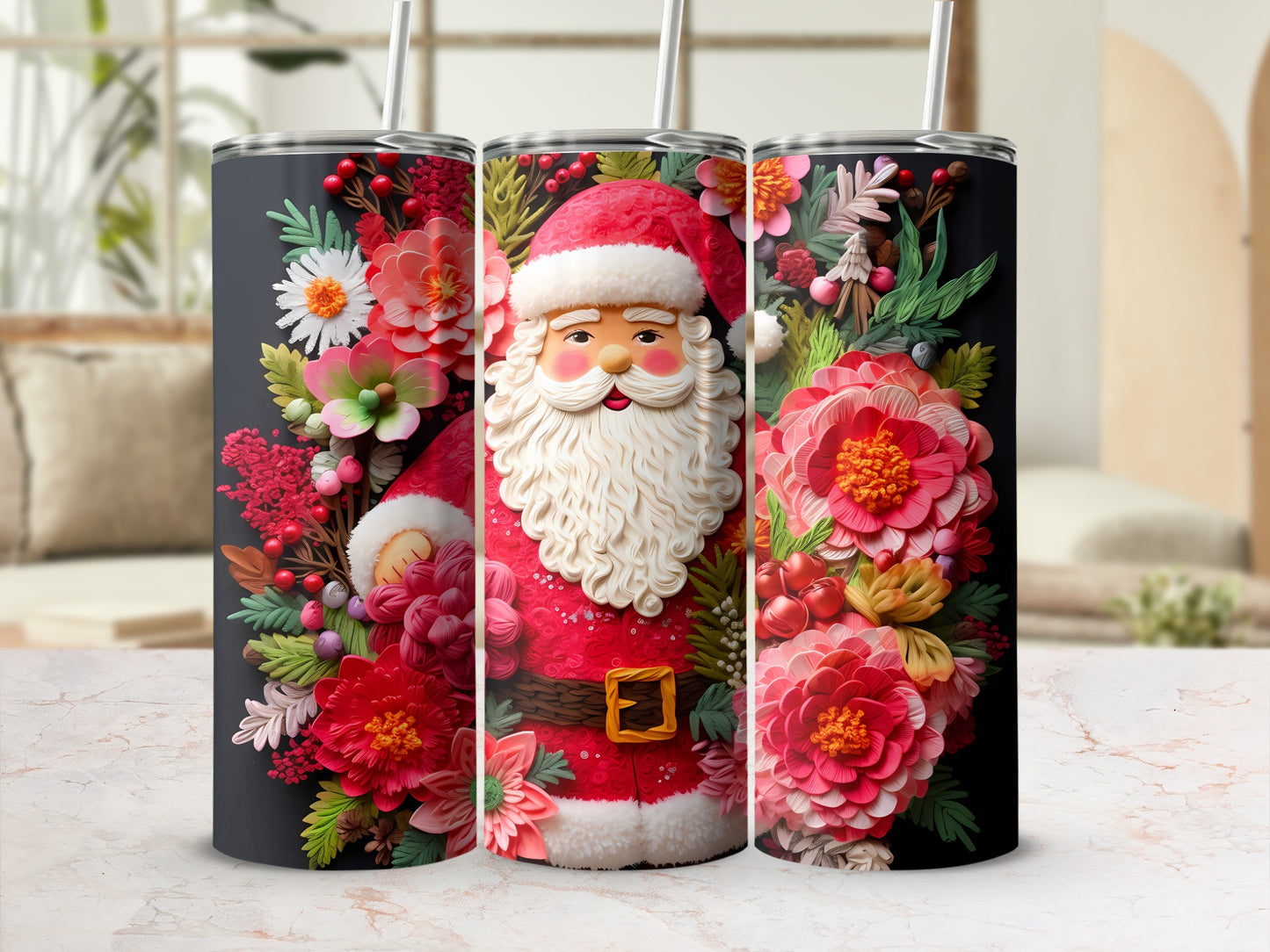 Festive Santa Claus and Floral Design Insulated Tumbler