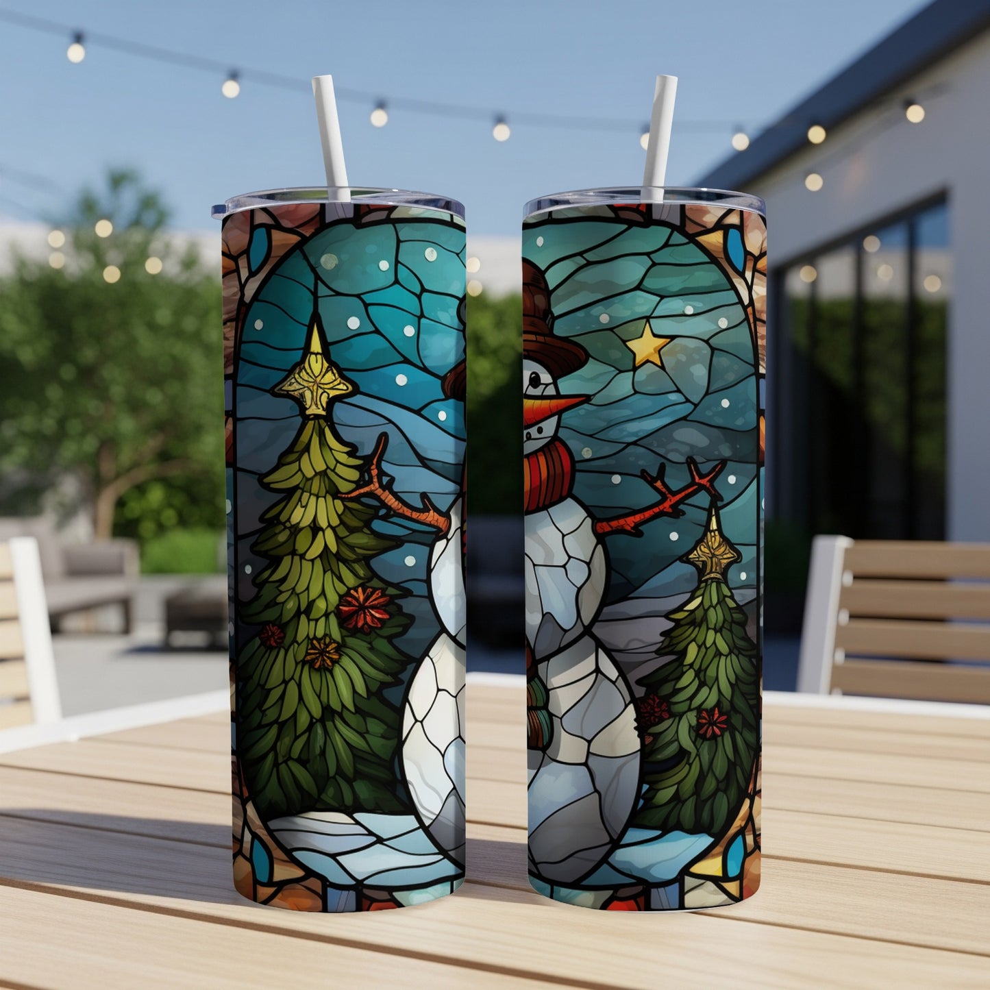 Two tumblers with snowman, Christmas tree, and stained glass design.