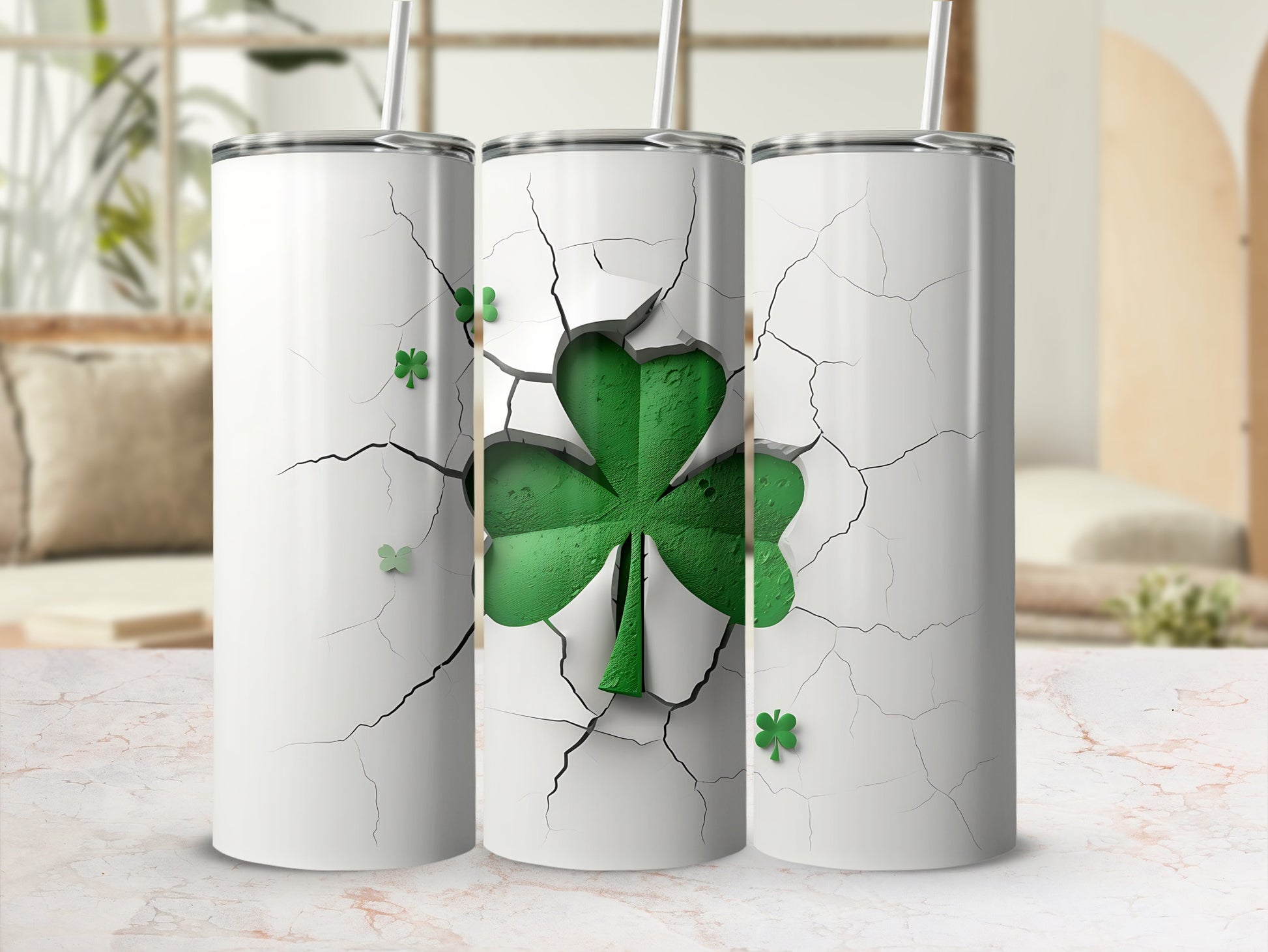 White tumbler with a cracked design and a large green shamrock.