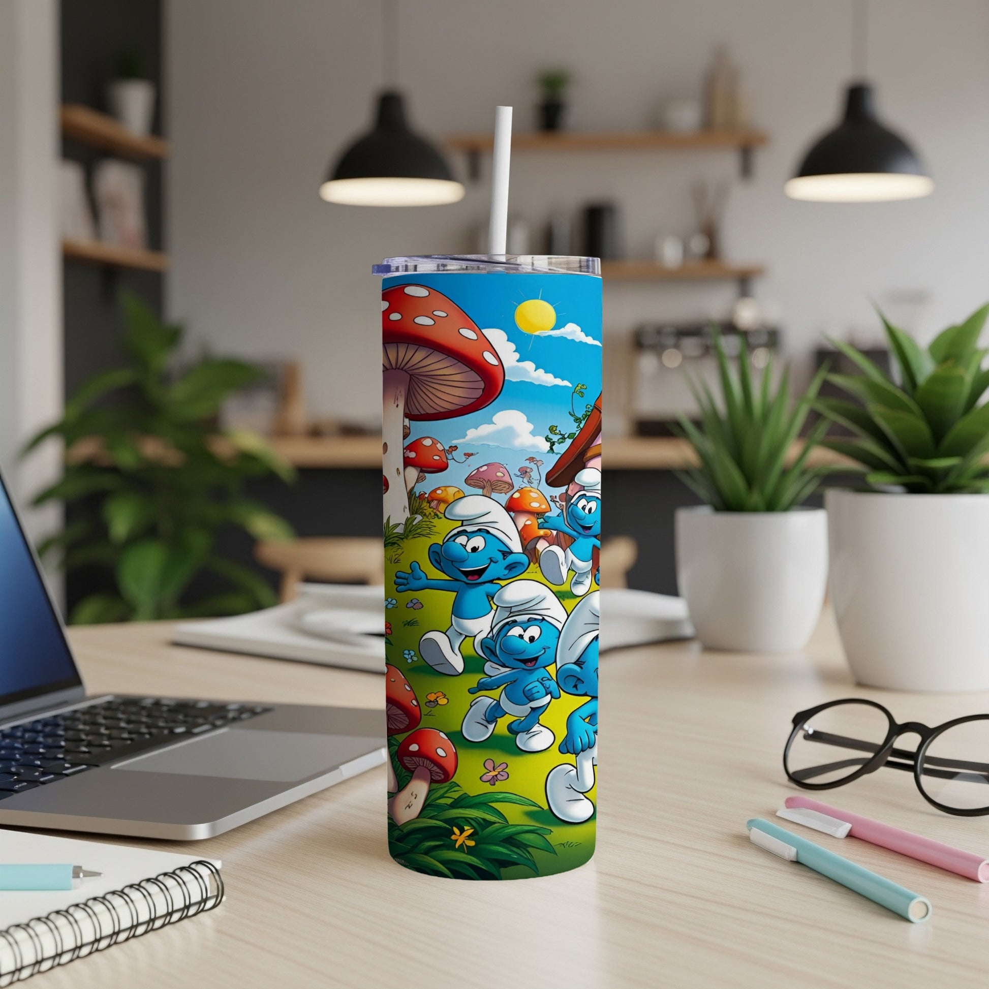 Smurfs on mushrooms, cartoon illustration, colorful, white straw in tumbler.