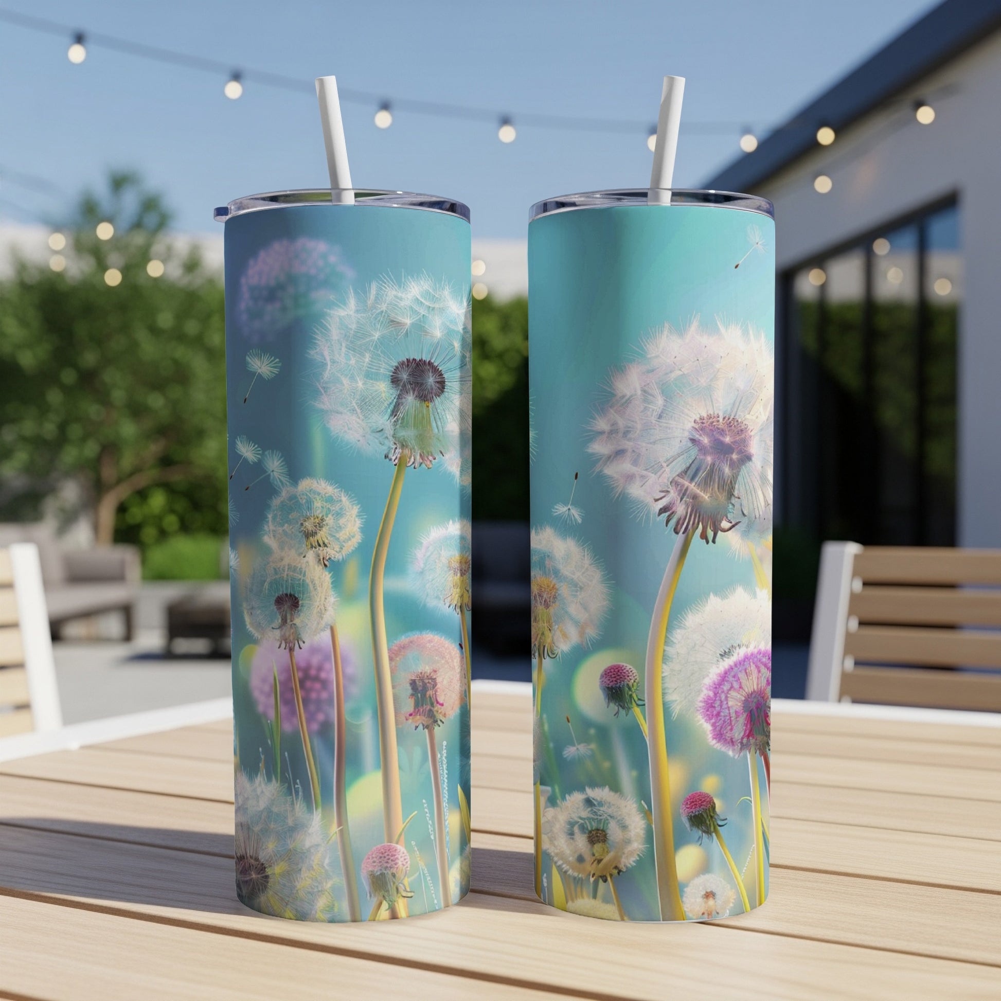Two tumblers with dandelion seeds against a teal background.
