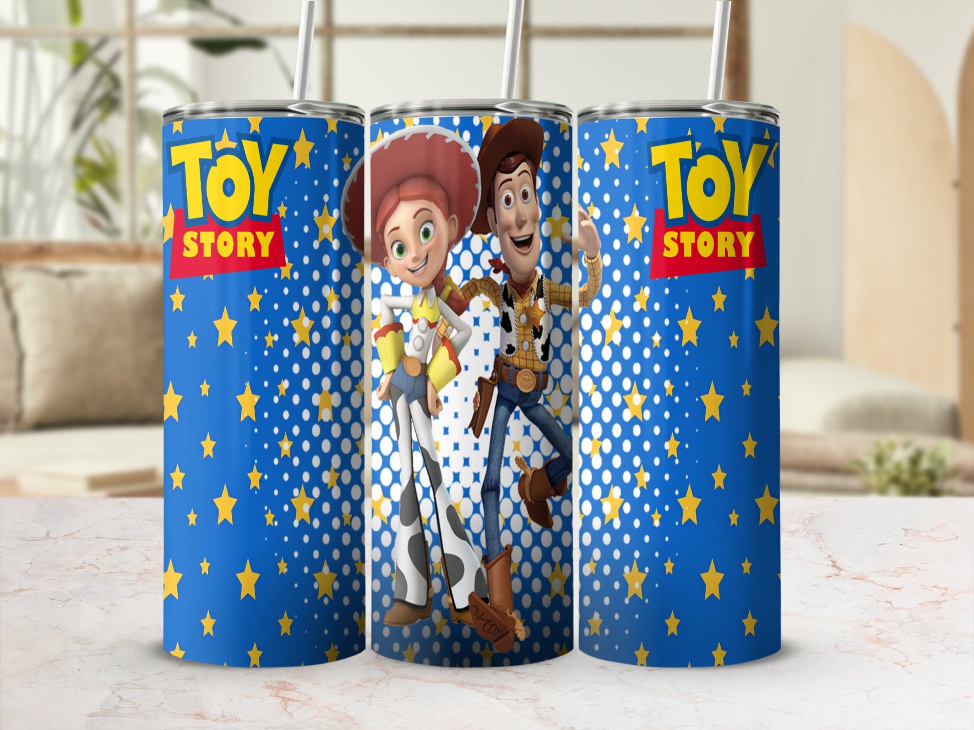 Toy Story tumbler with Woody and Jessie characters on blue background.