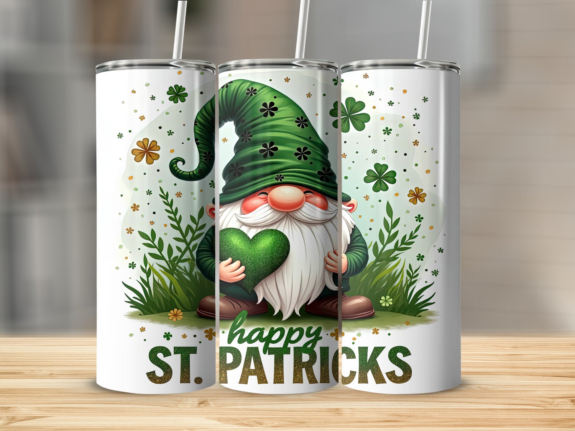 Gnome holding a green heart on a tumbler, "Happy St. Patricks" text.