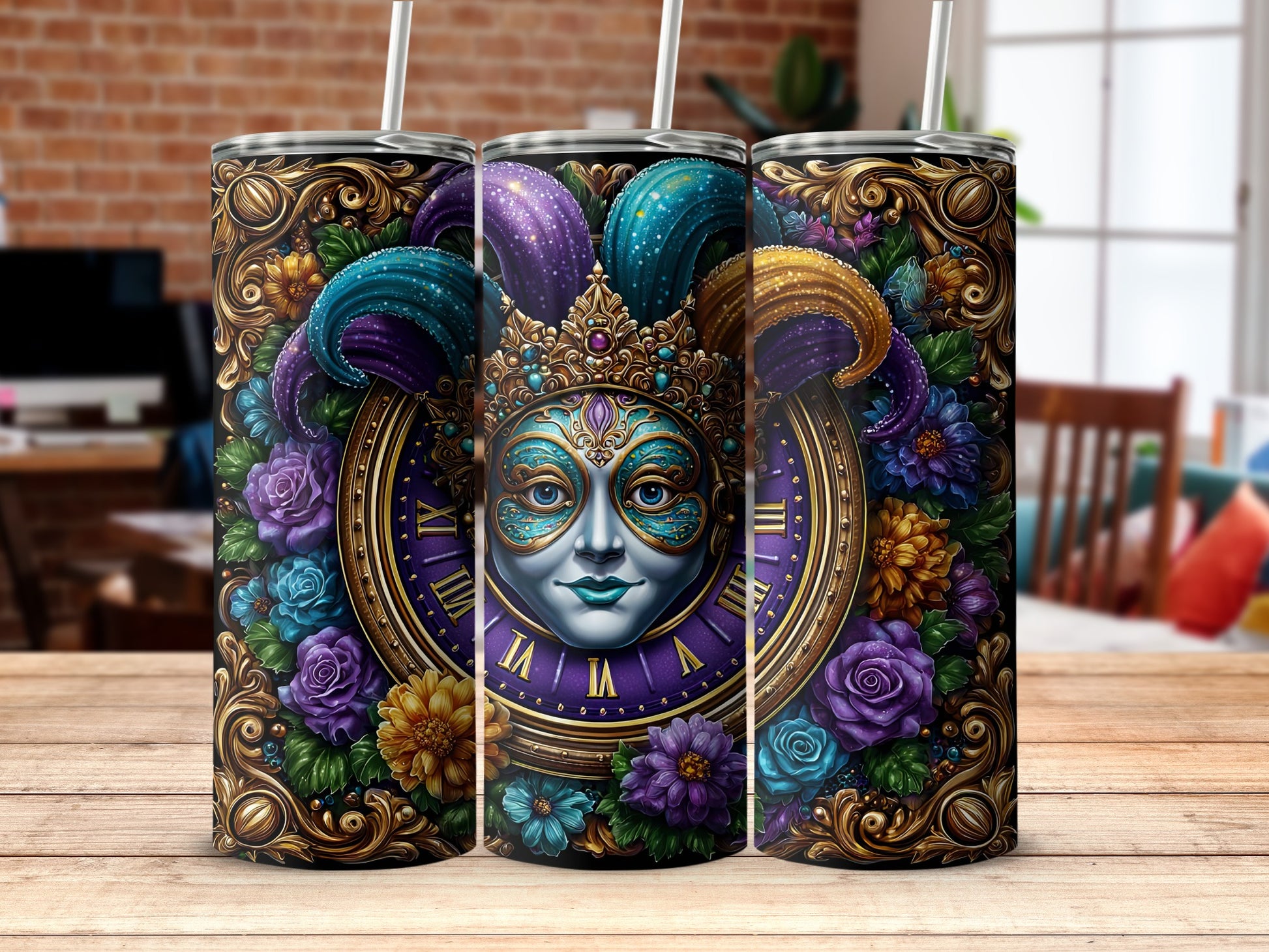 Carnival Mask and Floral Design Tumbler Product