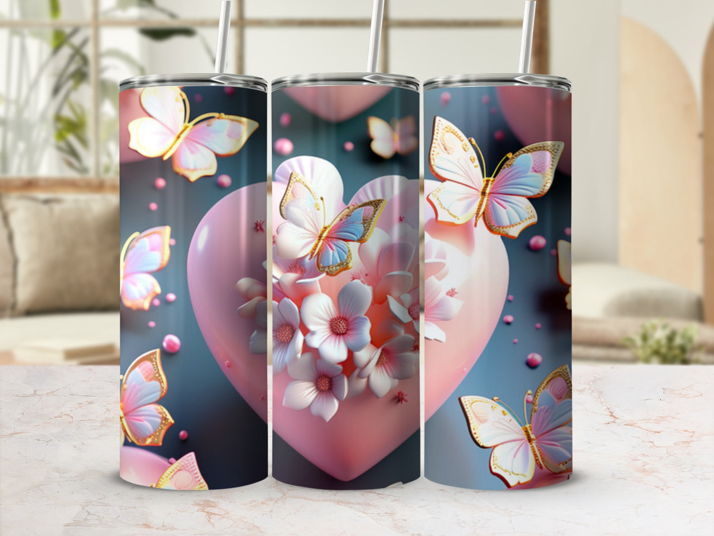 Pink heart with flowers and butterflies, on a tumbler.