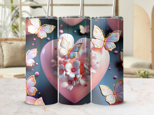 Pink heart with flowers and butterflies, on a tumbler.