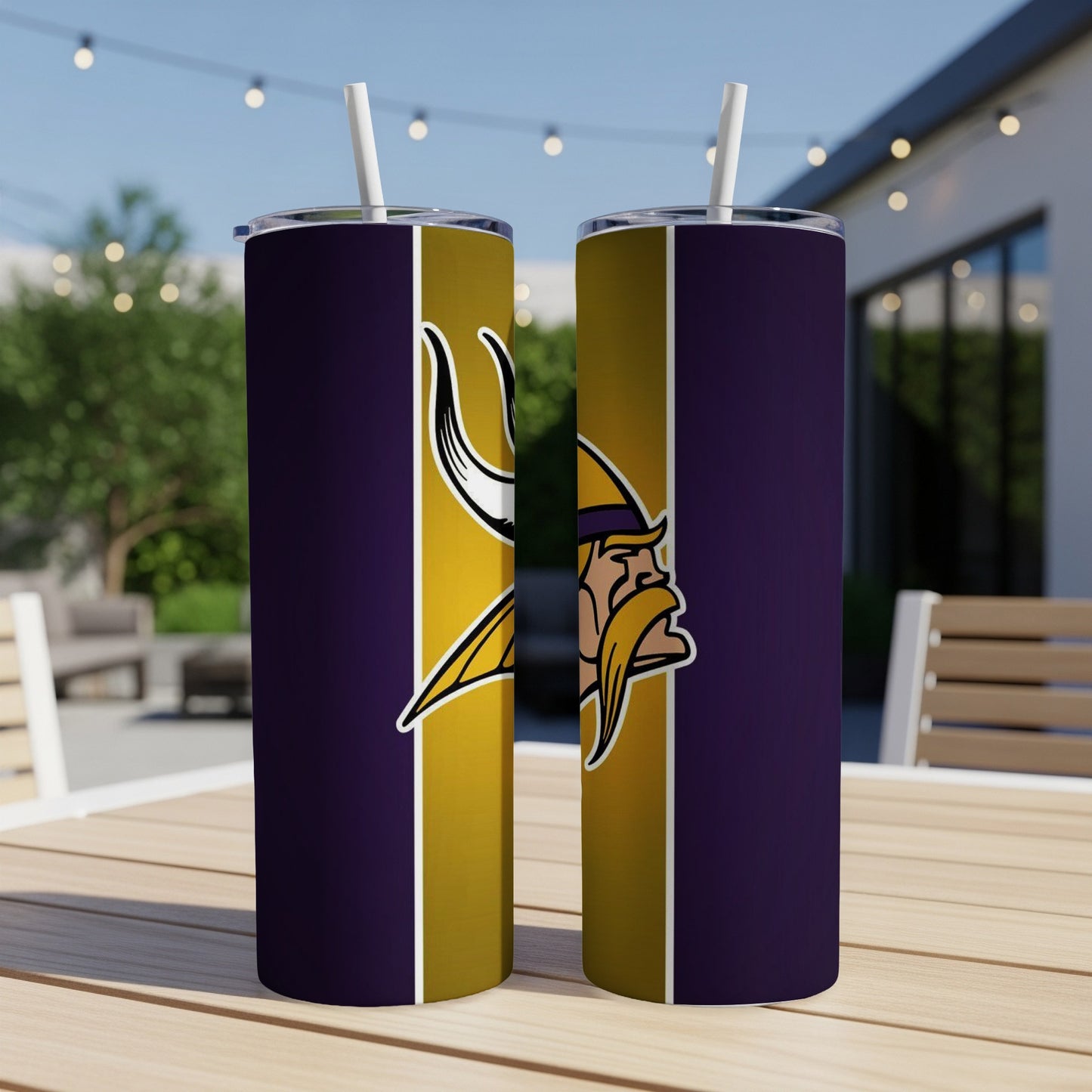 Two purple tumblers with Vikings logo on golden yellow vertical stripe.