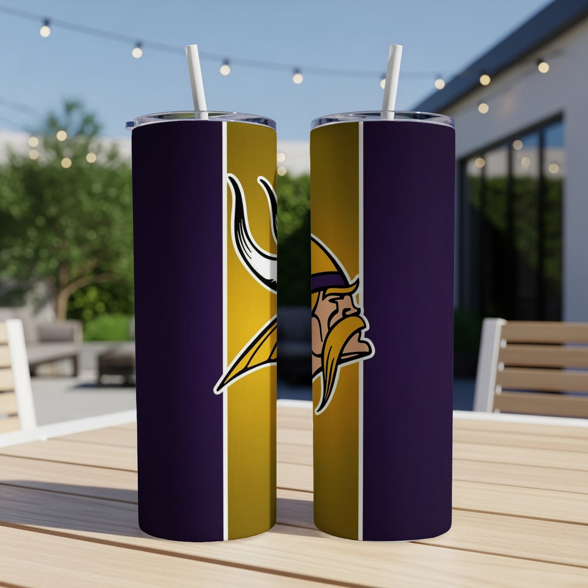 Two purple tumblers with Vikings logo on golden yellow vertical stripe.
