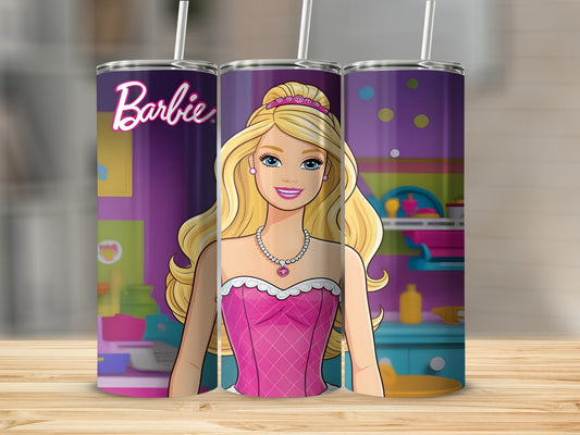 Barbie in pink dress with blonde hair in cartoon kitchen background.