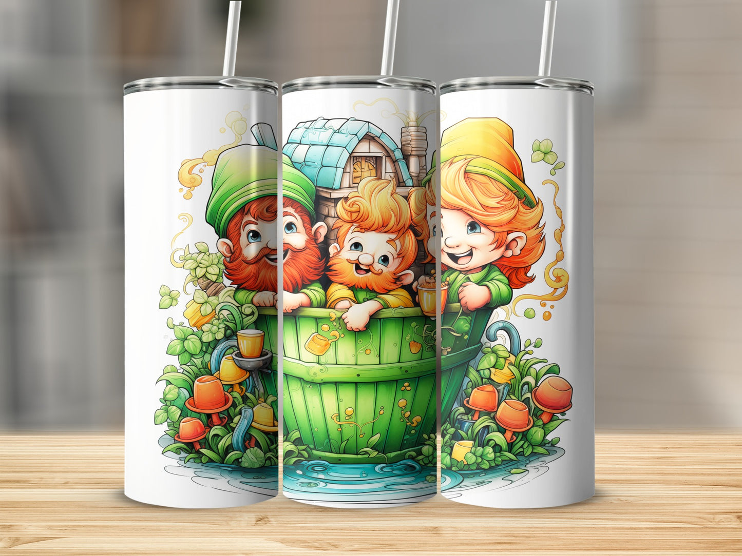 Three cartoon leprechauns in a green tub with shamrocks and gold coins.