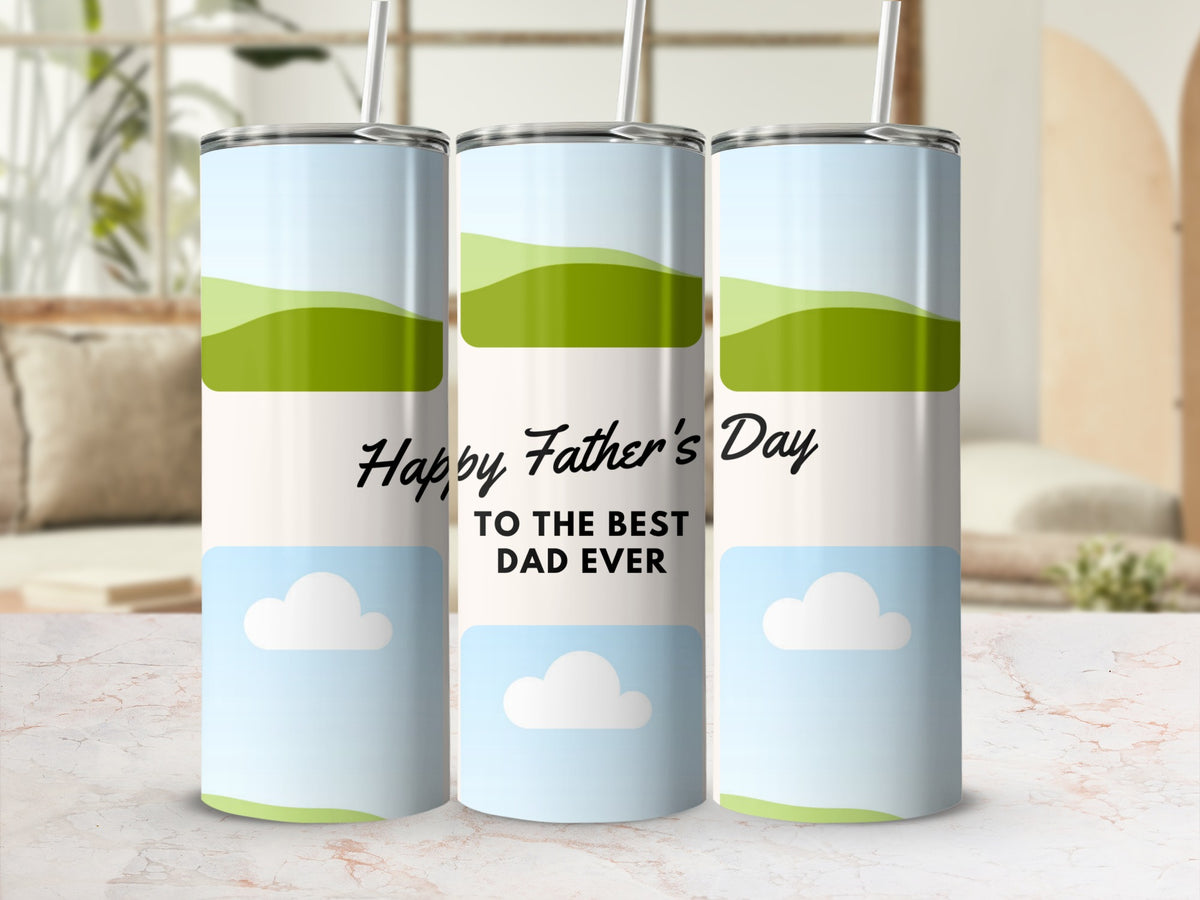 Three tumblers with Father's Day design, featuring clouds and rolling green hills.