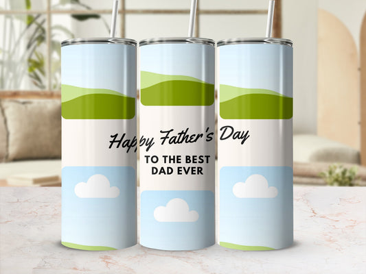 Three tumblers with Father's Day design, featuring clouds and rolling green hills.