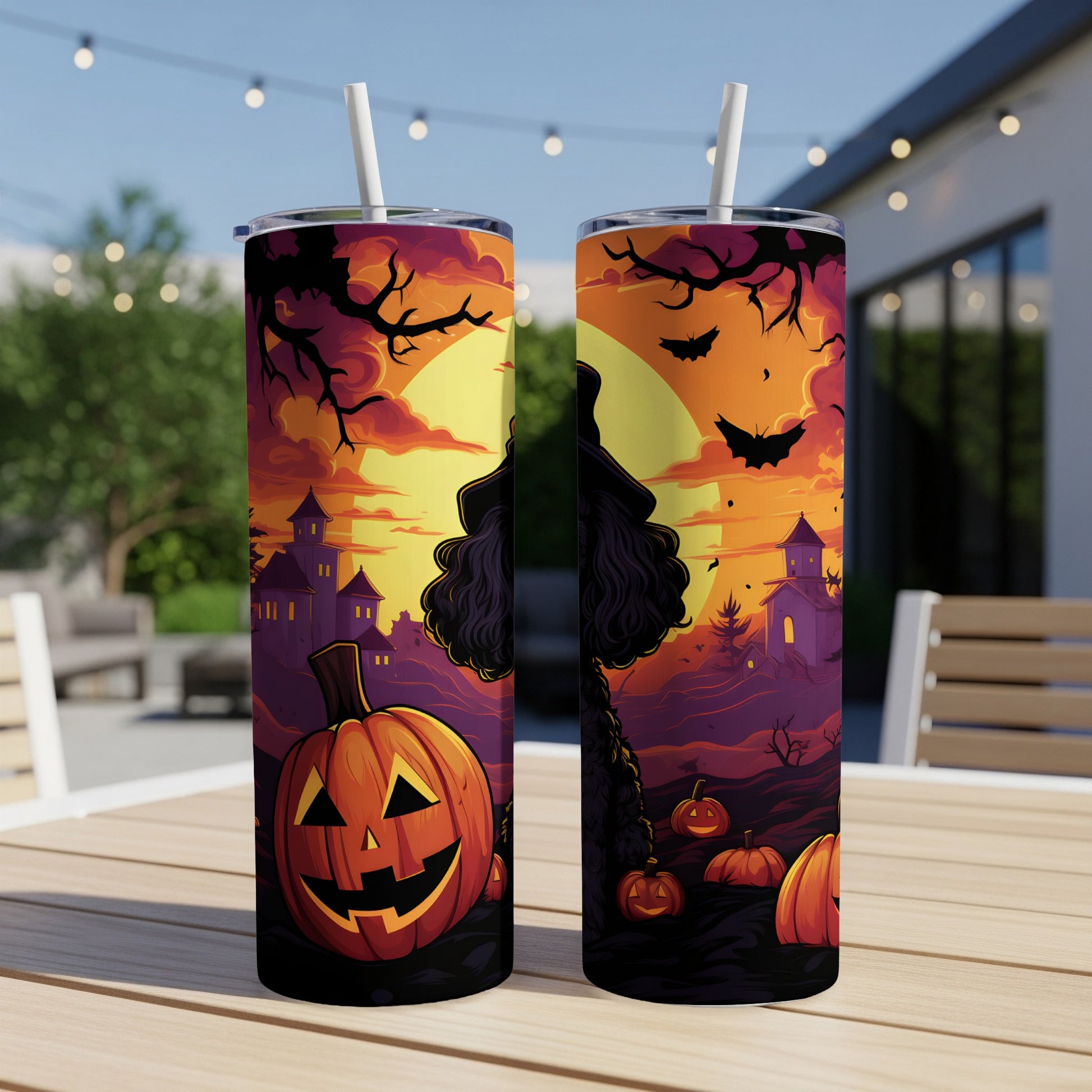 Two tumblers with a Halloween design featuring a witch, pumpkins, and spooky scenery.