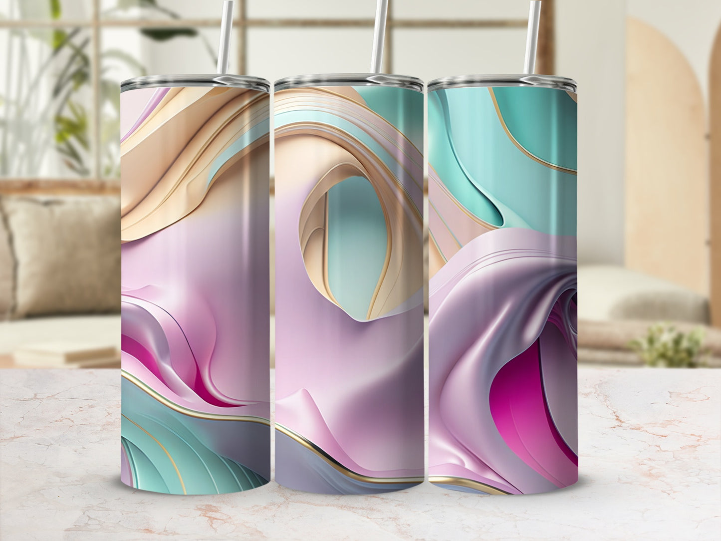 Three pastel abstract wavy tumblers with straws on a marble surface.