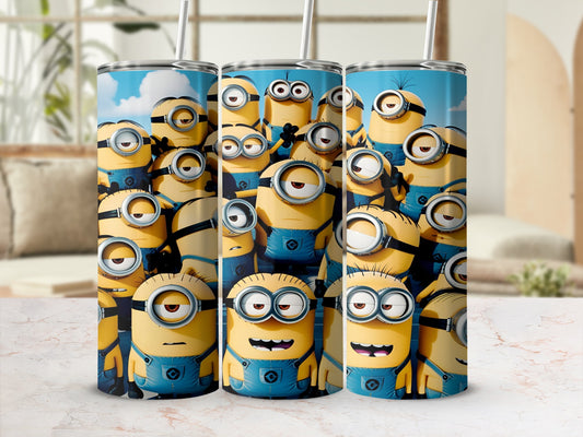 Minions in denim overalls crowded together with straws in cups.