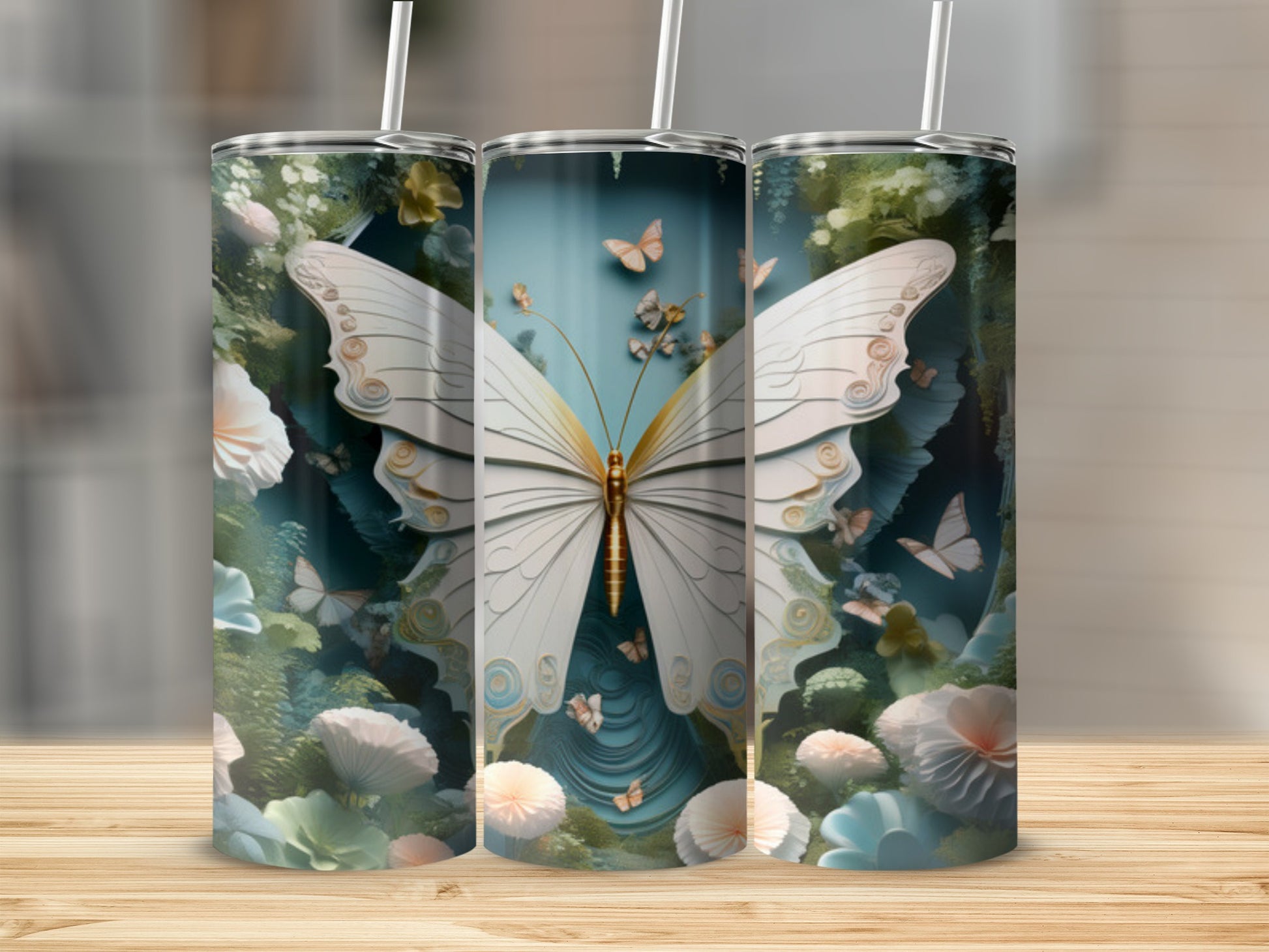 White butterfly with floral and butterfly background on a tumbler.