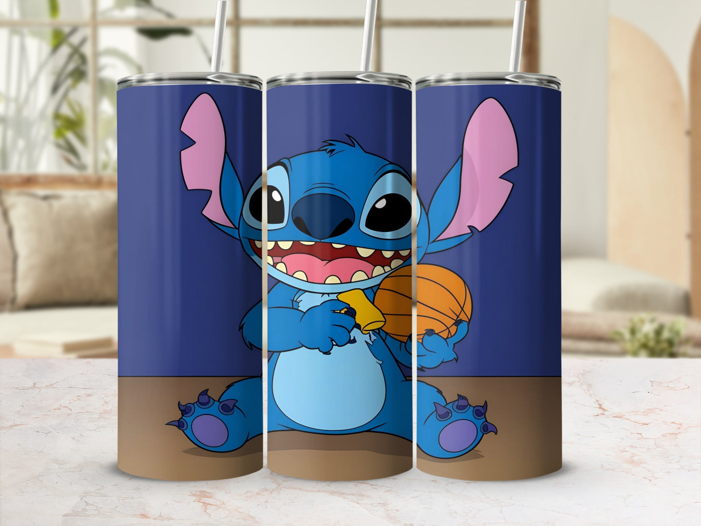 Stitch holding a basketball on a blue background.