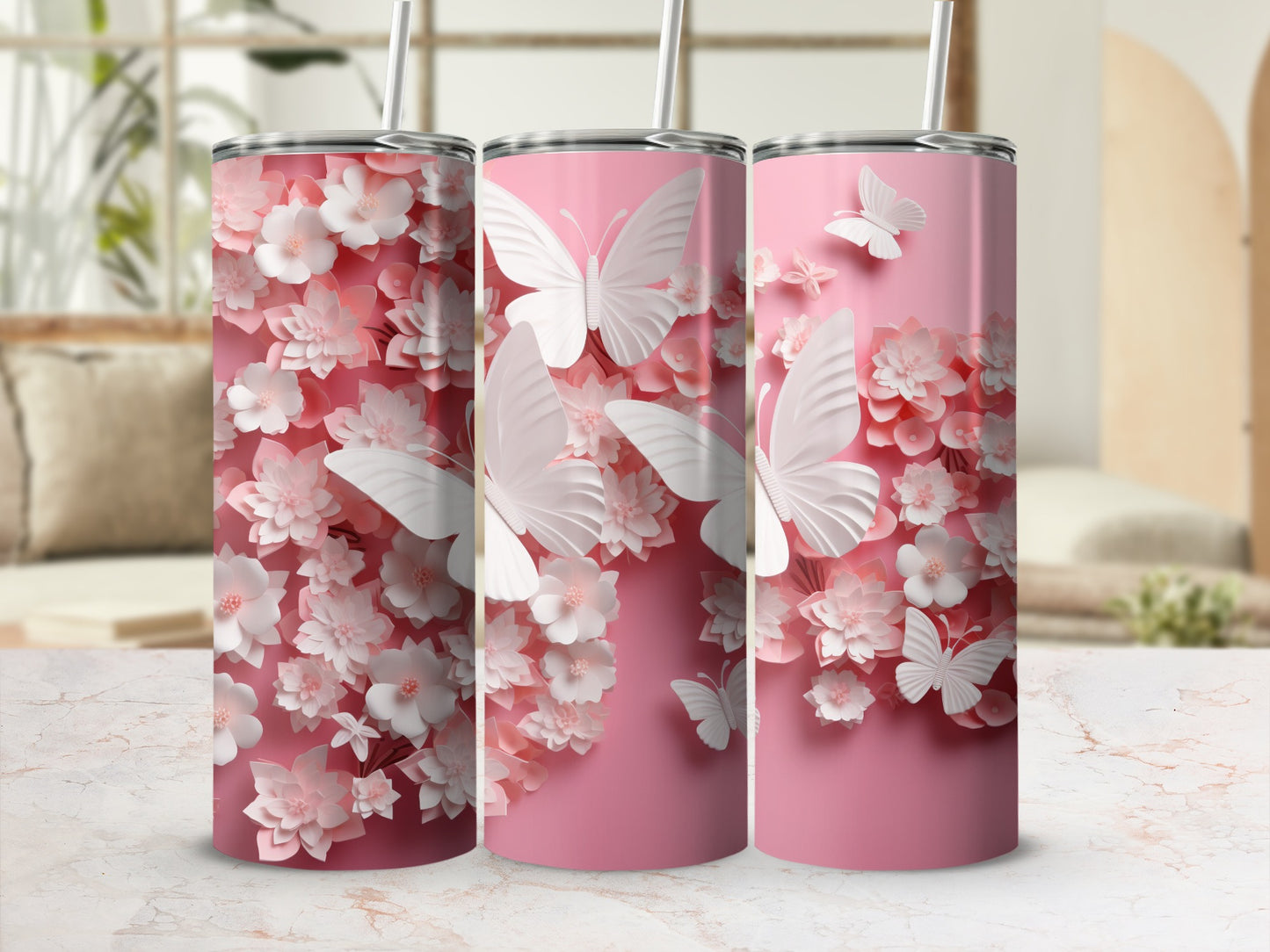 Pink Flower White Butterfly Design Pink Background product type