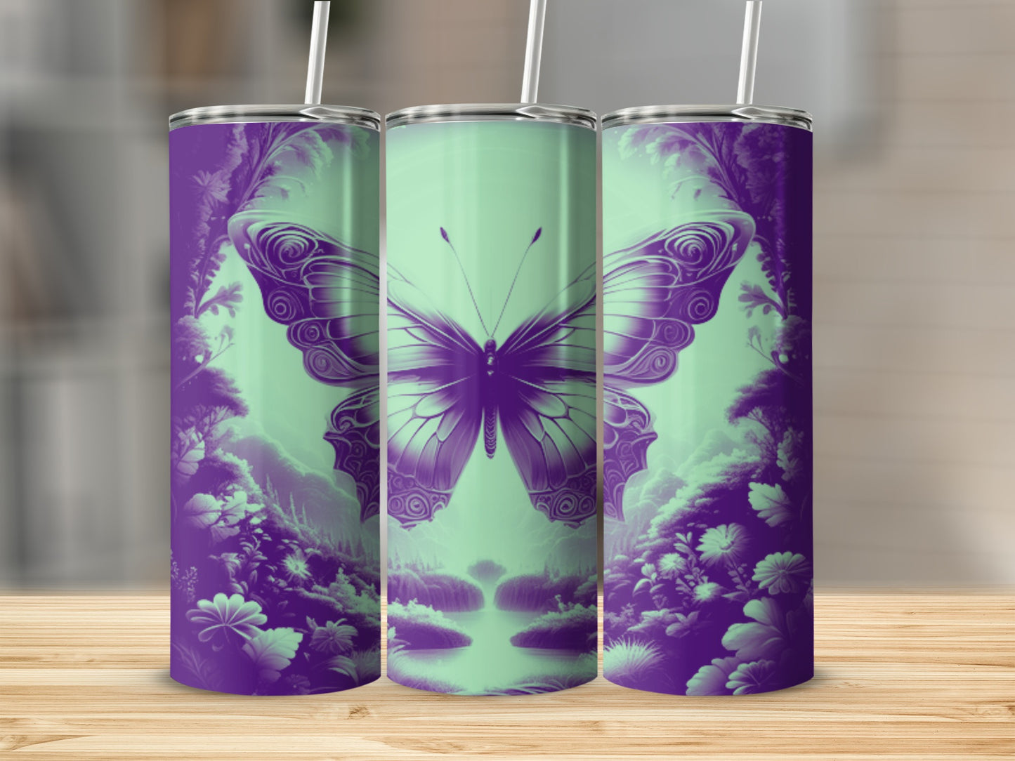 Purple butterfly design on a mint green tumbler with floral and forest elements.