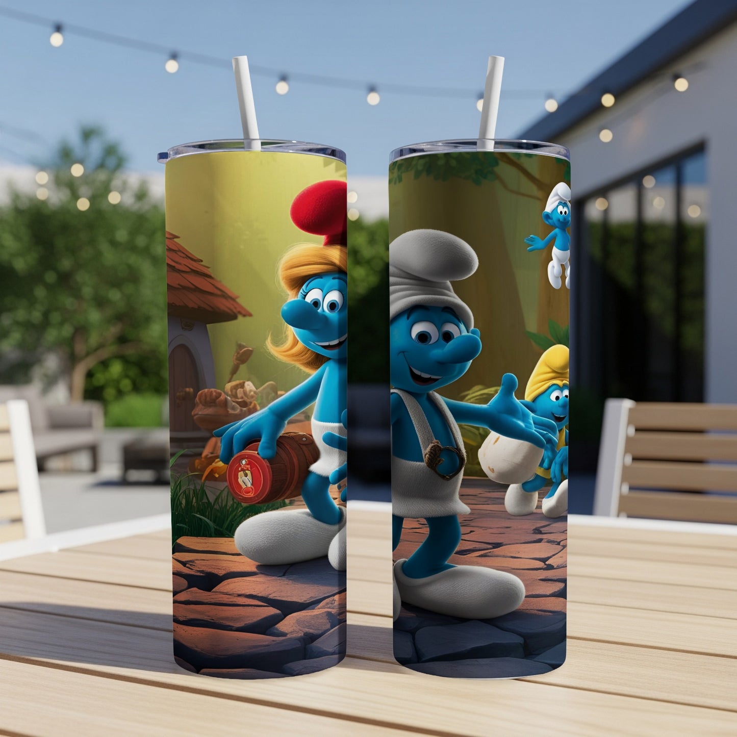 Smurfs characters on a tumbler, with a Smurfette holding a carrot.