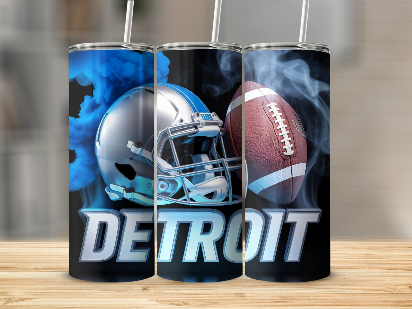 Detroit Lions helmet and football with blue smoke effect.